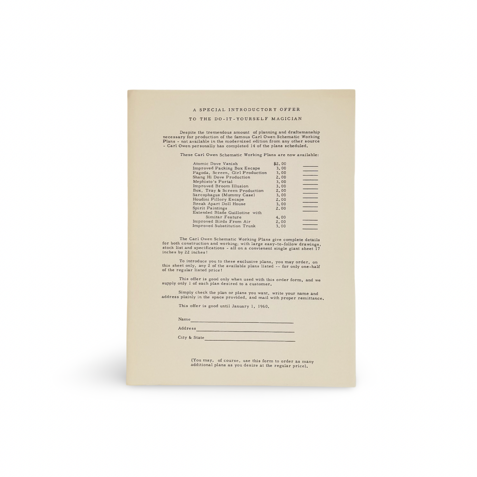 Owen Magic Supreme Catalog with Letters, 1959