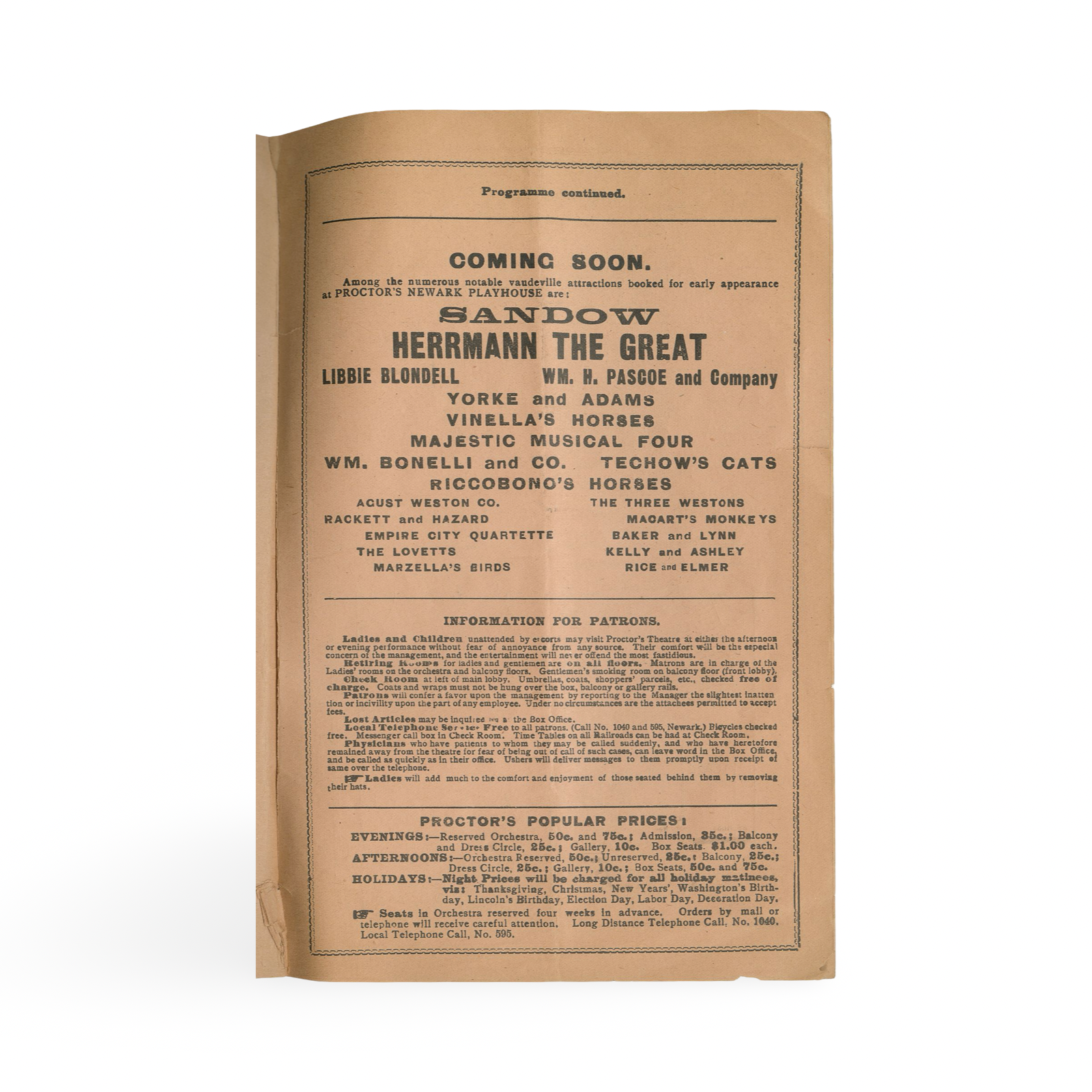Herrmann the Great Theatre Program. Newark, New Jersey: Proctor’s Theatre, 1904.