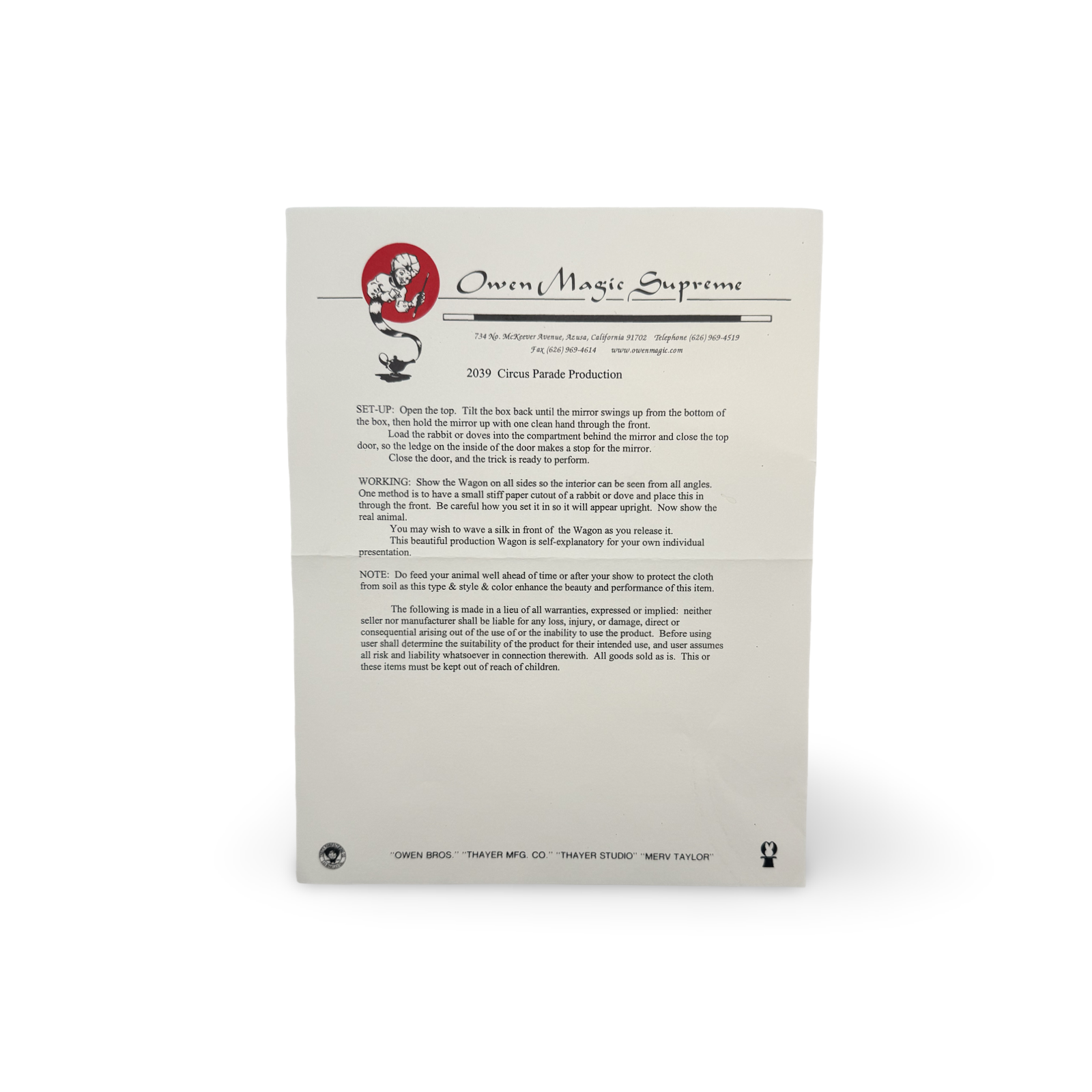 Circus Wagon Production. Owen Magic Supreme, ca. 1970s.