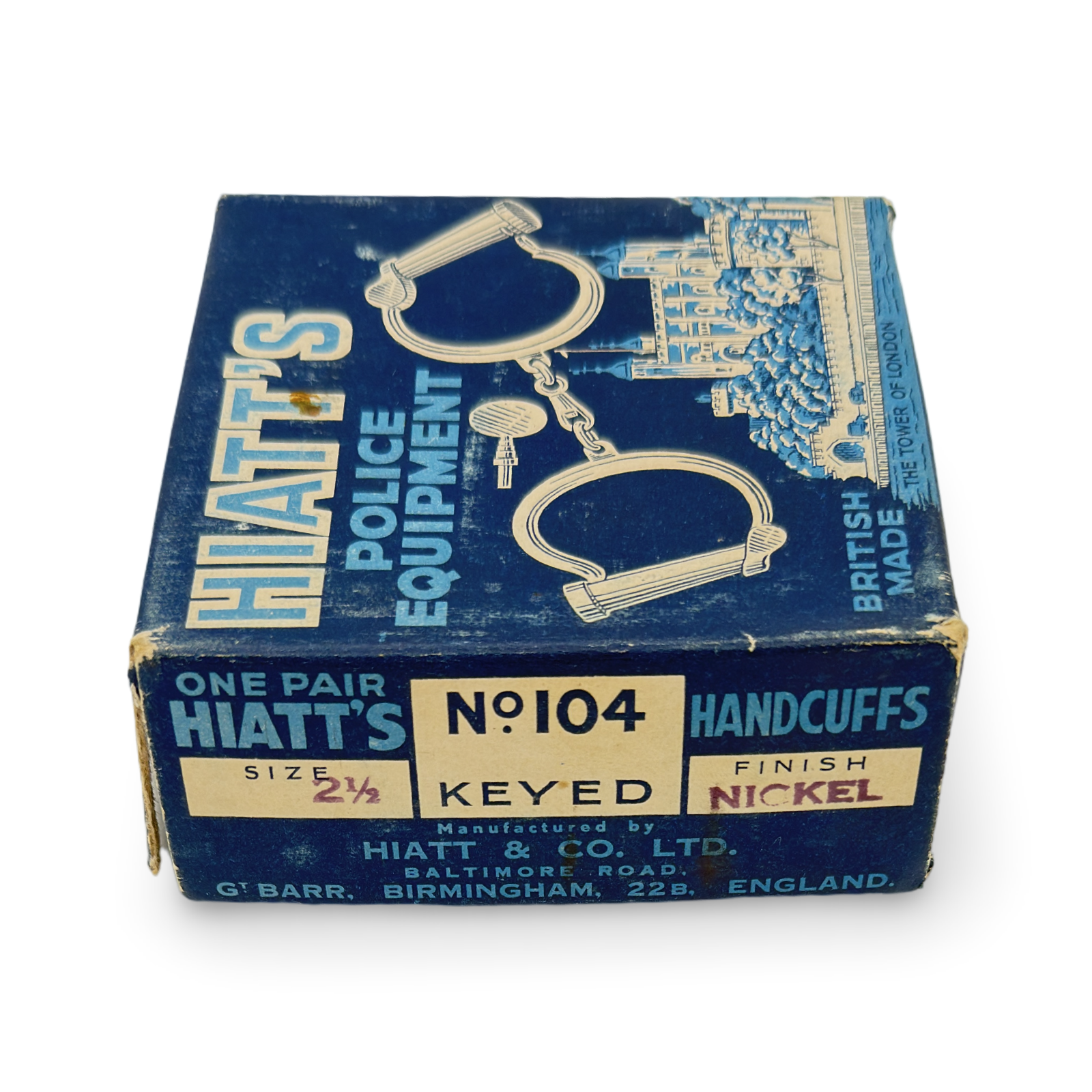 Hiatt Handcuffs in Original Box. Hiatt & Co., Birmingham, England, ca. 1940s–1950s.