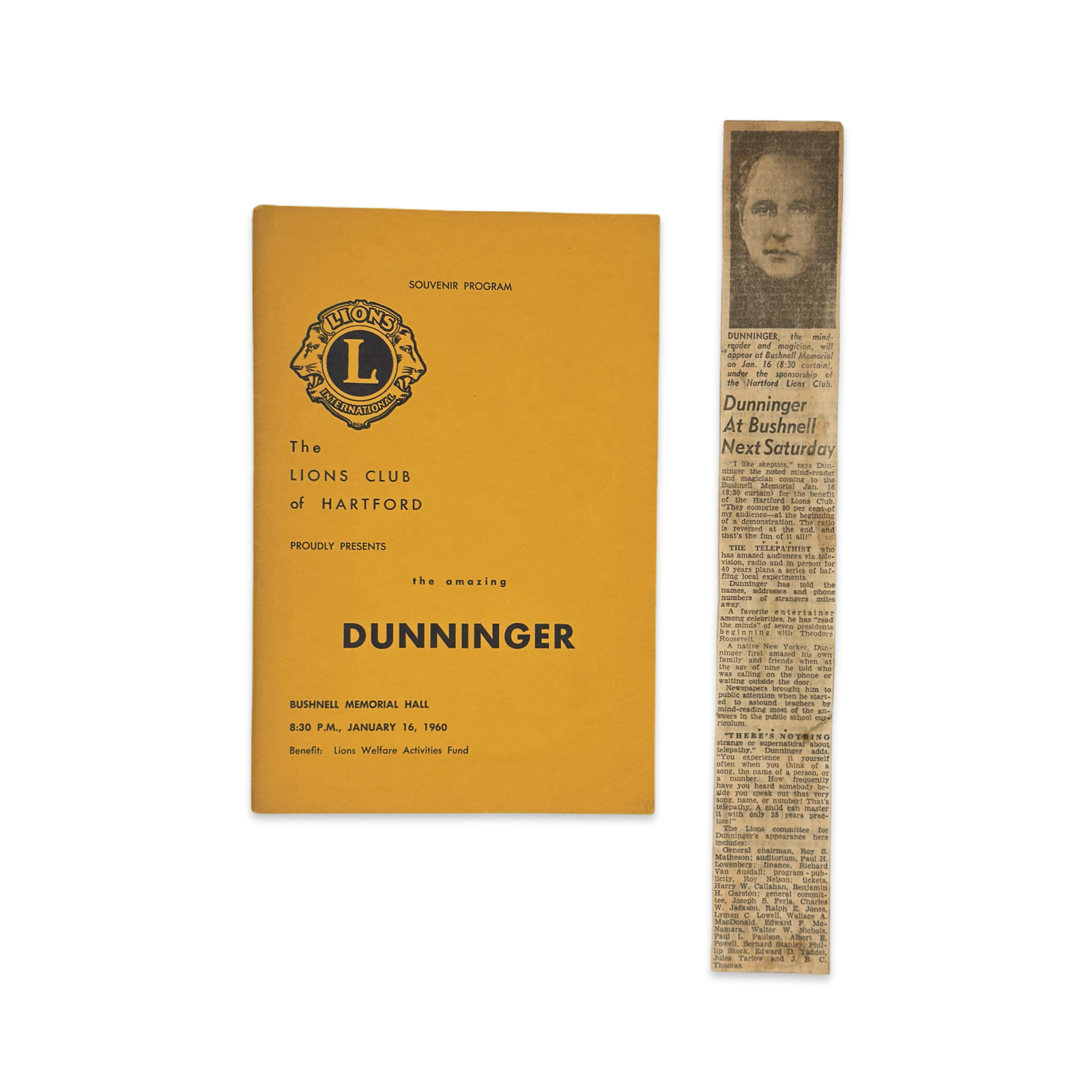 DUNNINGER. Lions Club of Hartford Souvenir Program. Hartford, Conn., 1960.