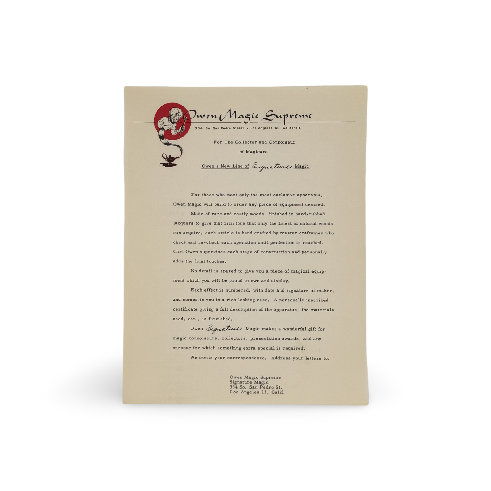 Owen Magic Supreme Catalog with Letters, 1959