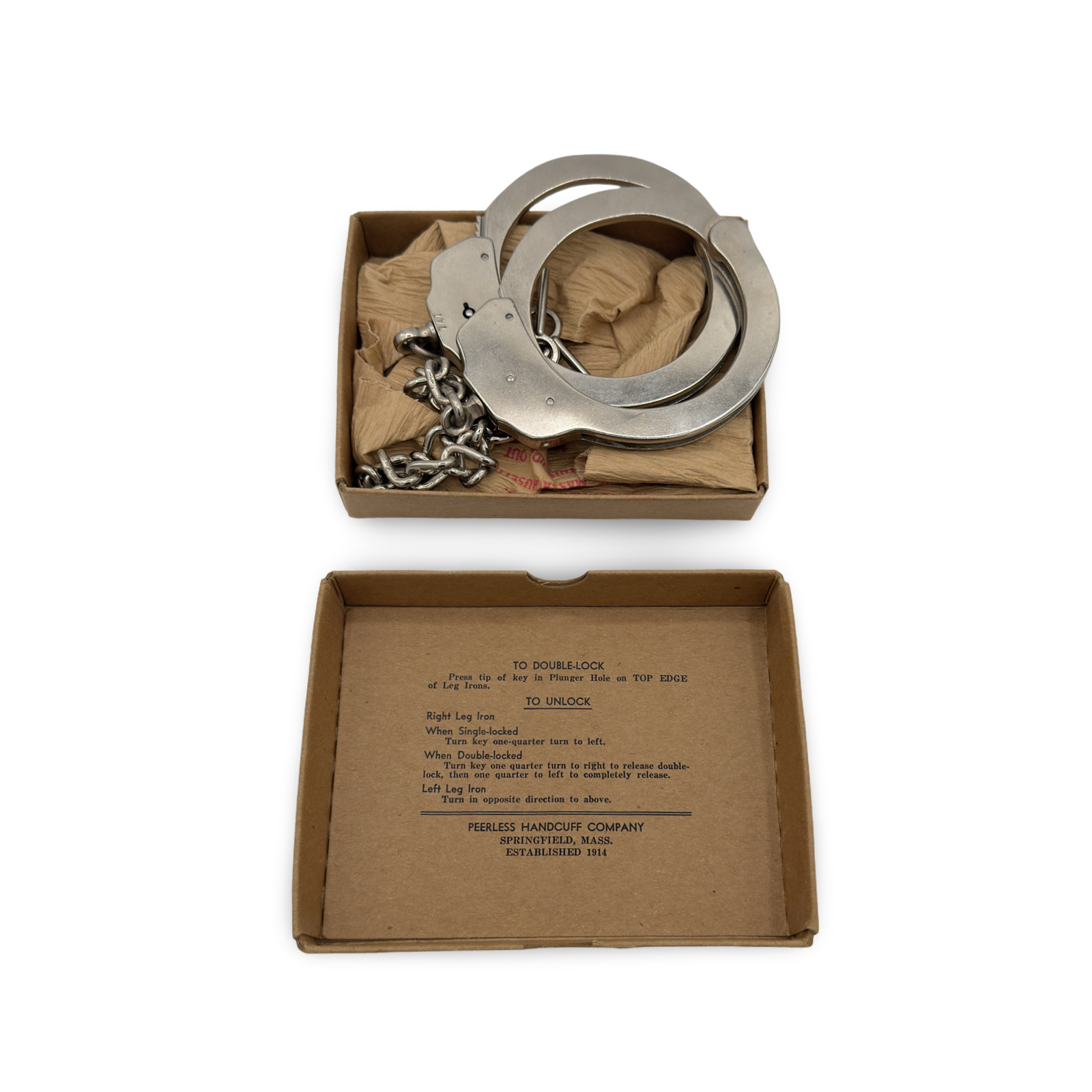 Peerless Handcuffs with Original Box. Peerless Handcuff Co., Springfield, Mass., ca. mid-20th century.
