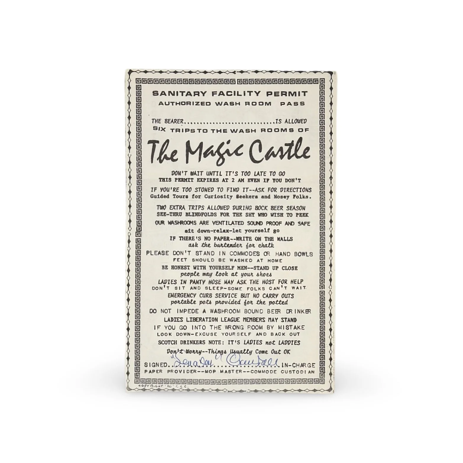 Clarke “The Senator” Crandall Official Wash Room Pass. Magic Castle Ephemera.