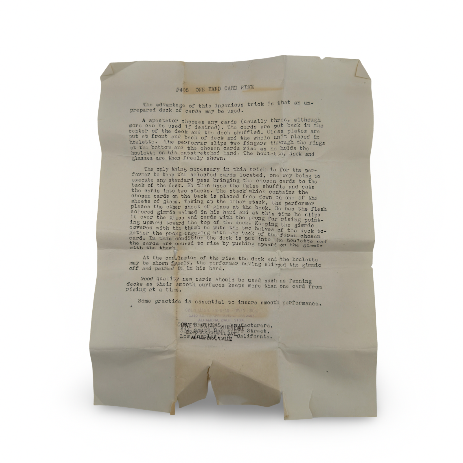 One Hand Rising Cards. Owen Brothers, ca. 1950s