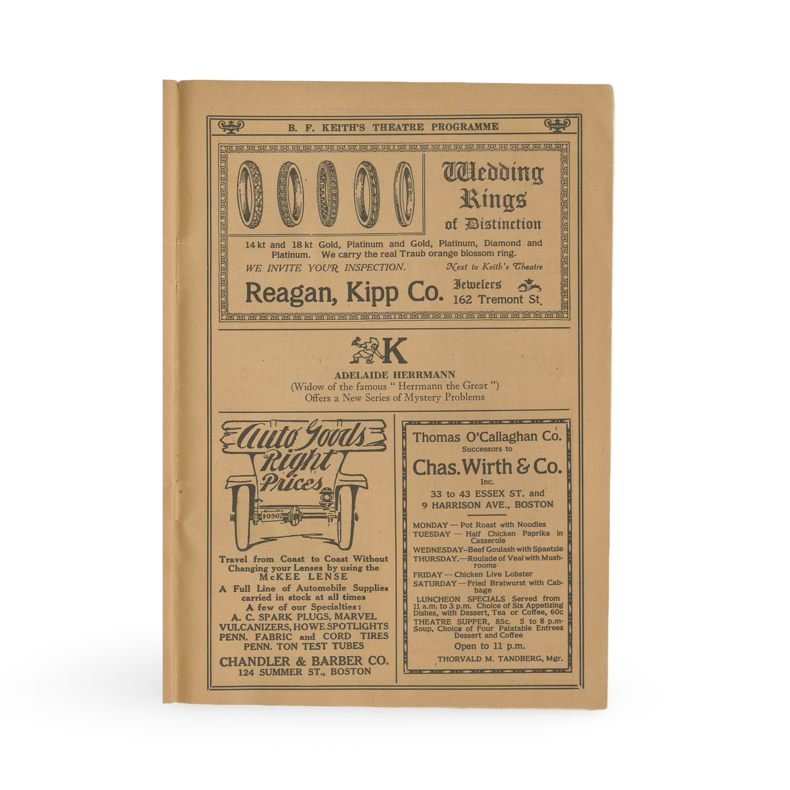 Adelaide Herrmann Theatre Program. Boston: B.F. Keith’s Theatre, 1919.