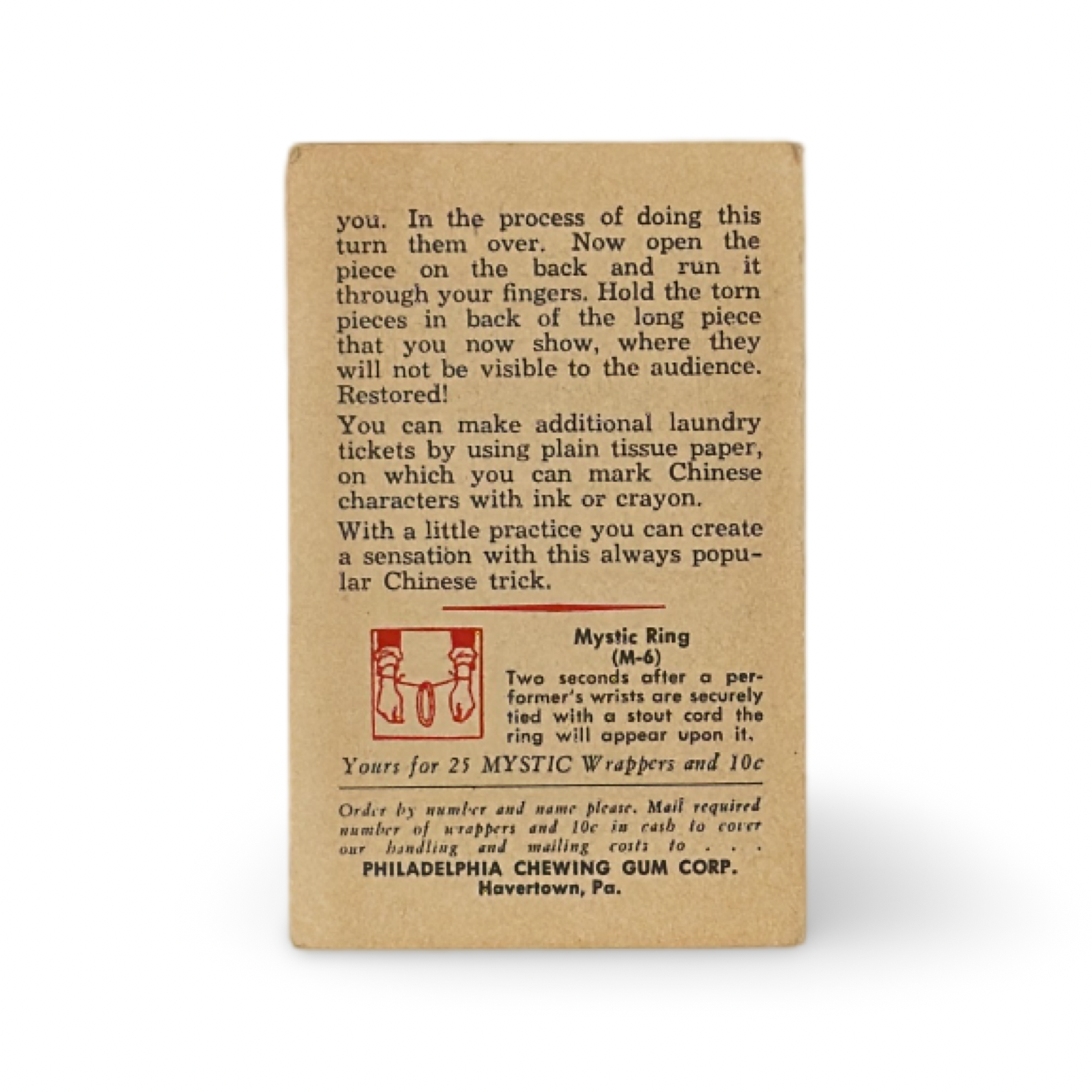 Chinese Laundry Ticket. Philadelphia Chewing Gum Corp., Havertown, PA, ca. 1940s–50s.