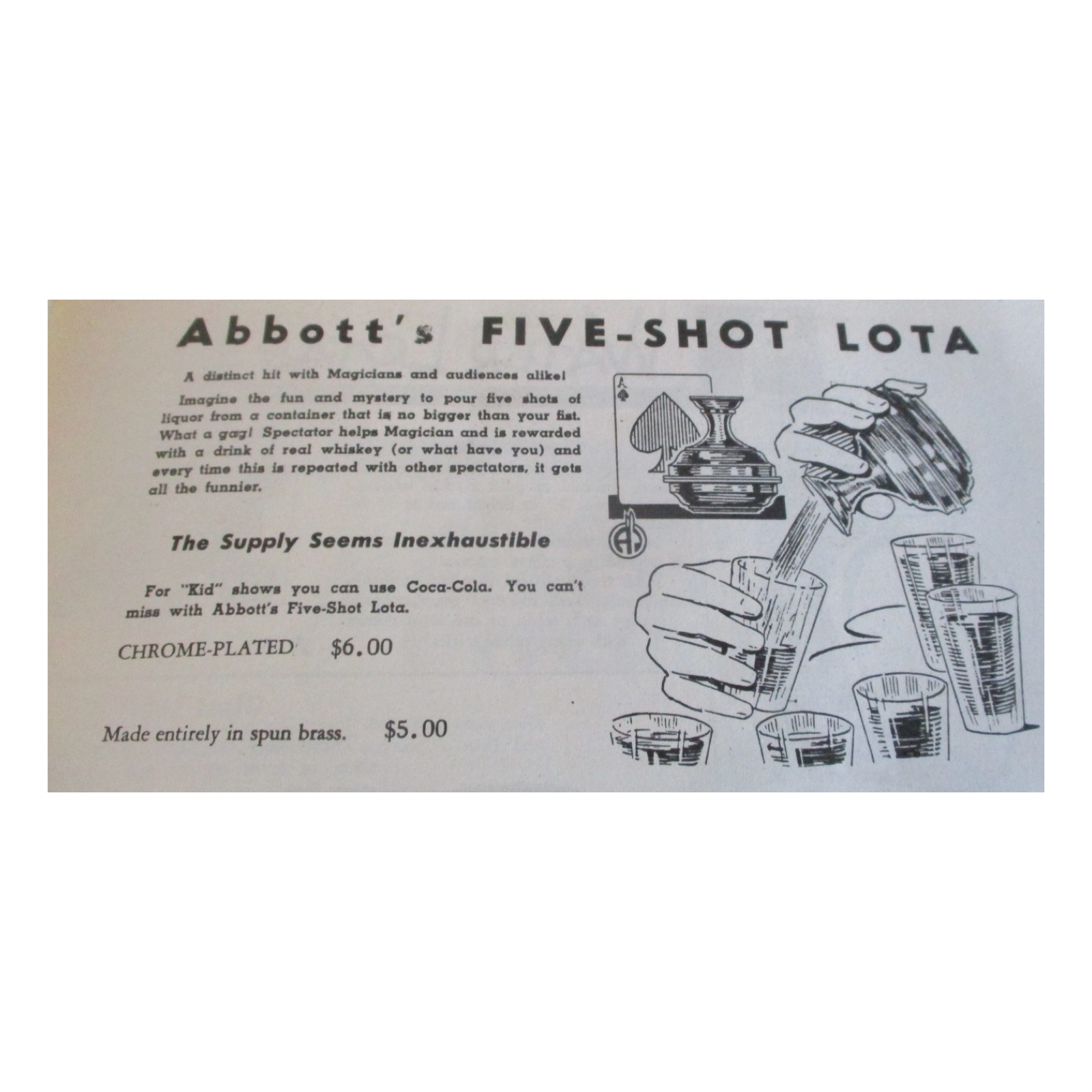 Five-Shot Lota. Abbott’s Magic, Colon, Michigan, ca. 1950s.