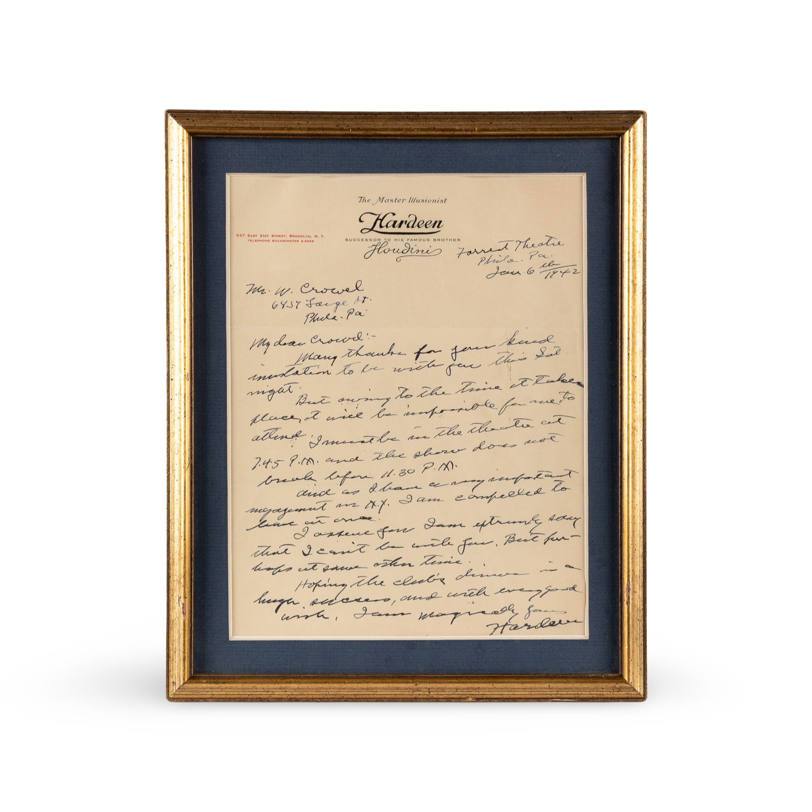 Hardeen ALS to the Houdini Club of Philadelphia. January 6, 1942.