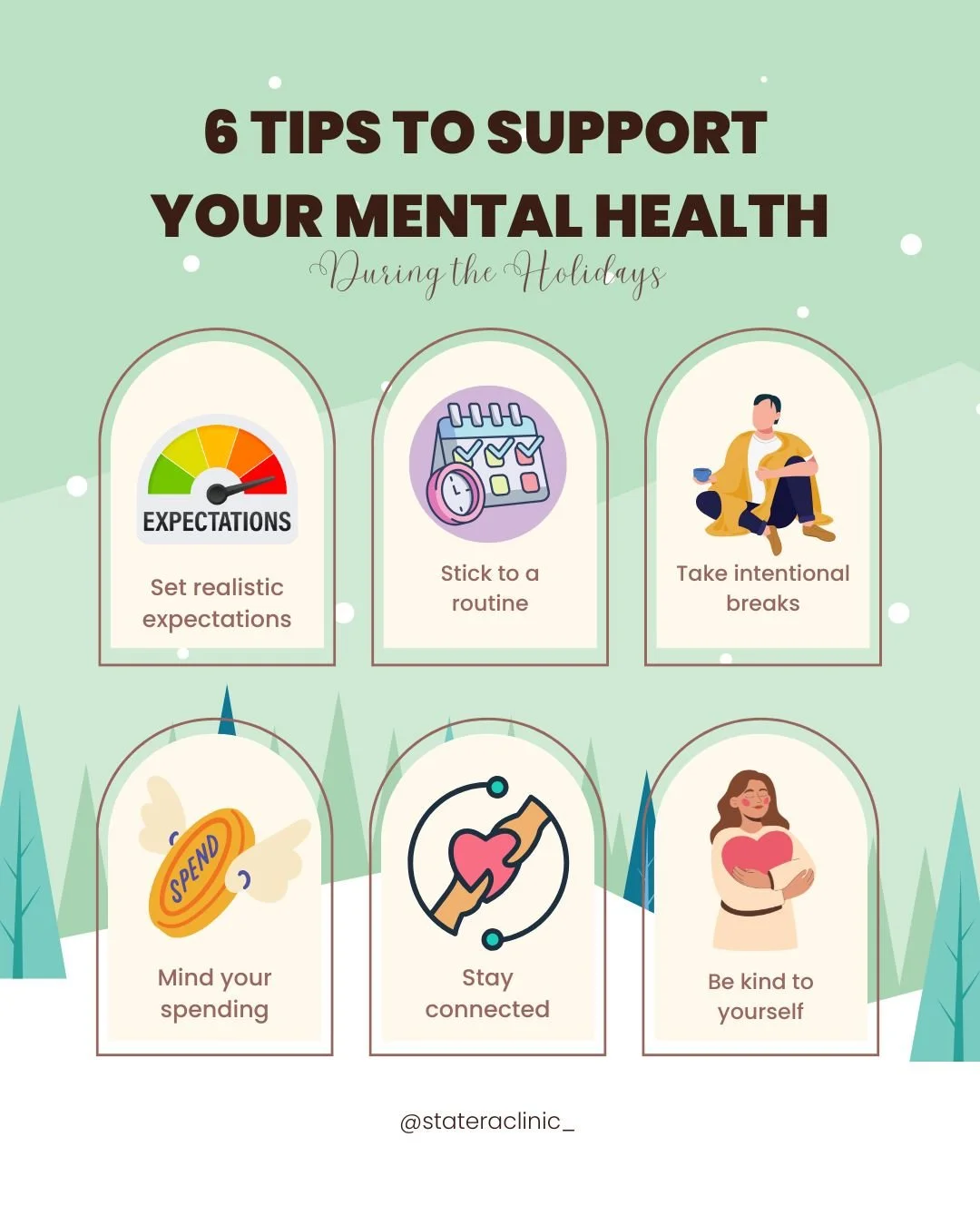 The holidays can be joyful and overwhelming 🎄💙

Here are a few ways to support your mental health during the holiday season:

✨ Set realistic expectations &ndash; You don&rsquo;t have to do it all or make everything perfect.
✨ Stick to a routine &n