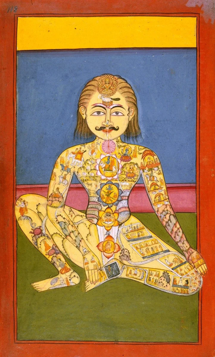 Traditional Indian painting showing the seven chakras and nadis (energy channels) in the yogic subtle body system