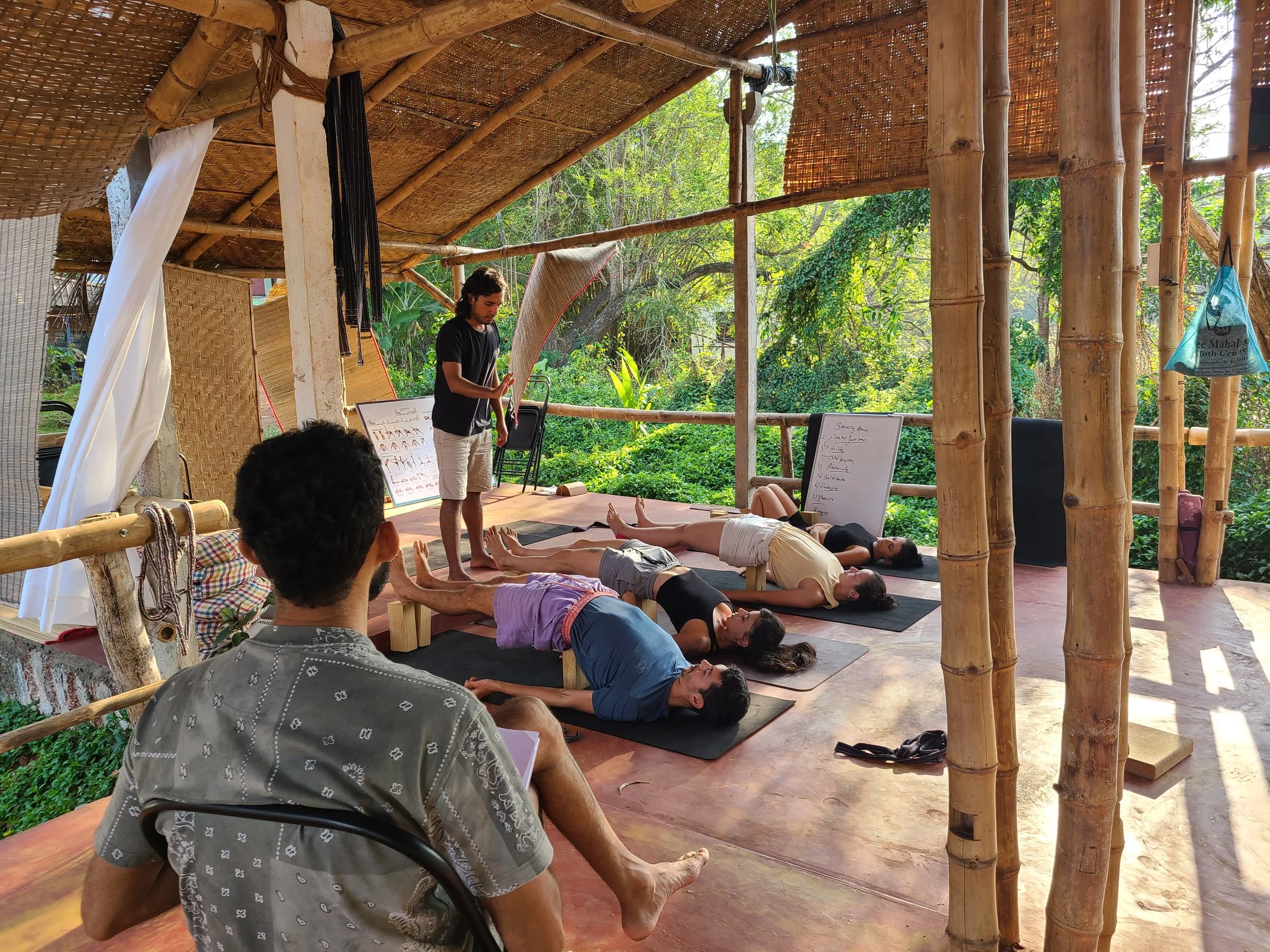 Yoga props including blocks, straps, and bolsters used in Iyengar-influenced teacher training