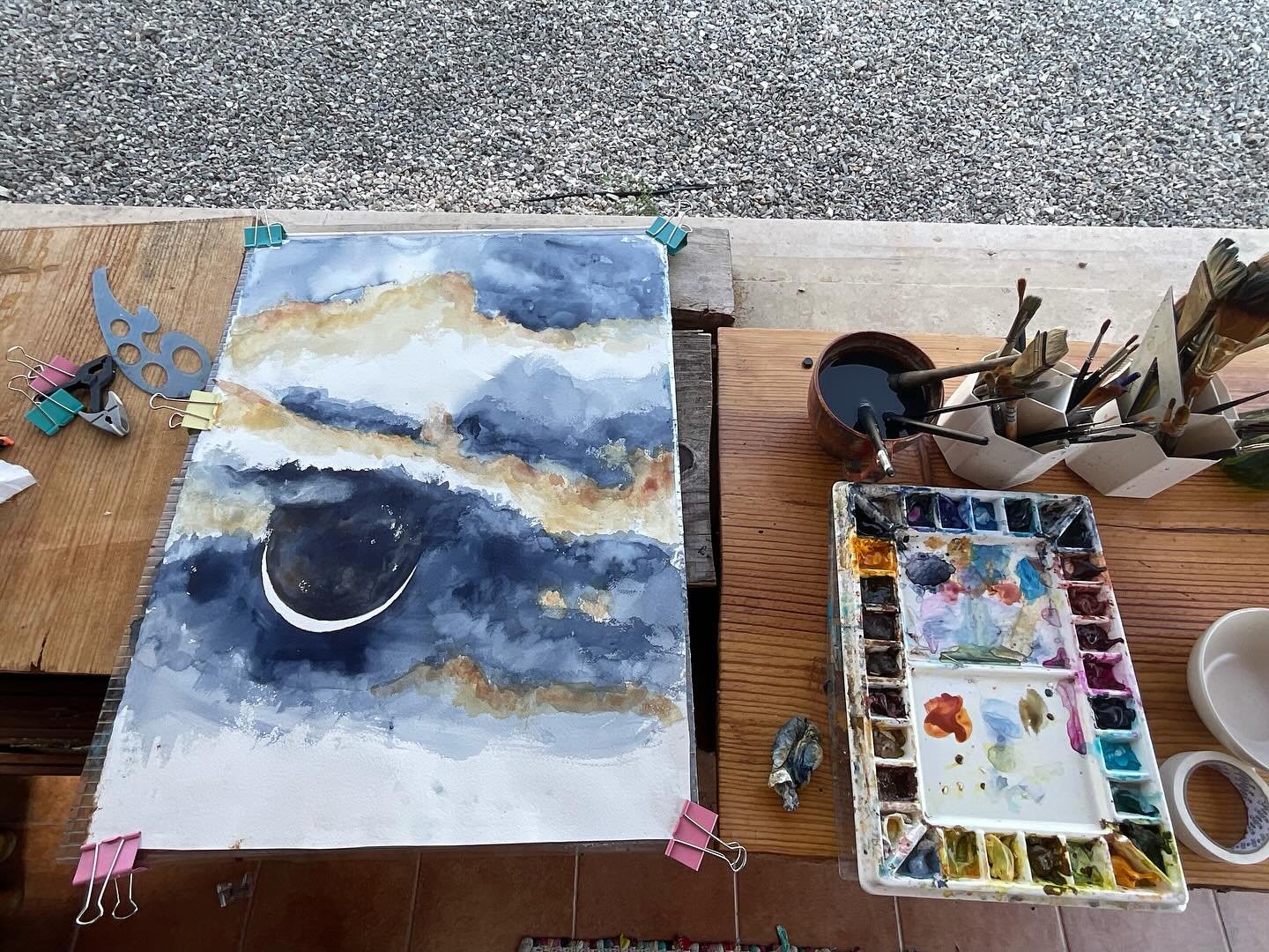 New painting in progress, first in a series from pics taken in our garden. Very very wet and loose, drying scarily fast in the heat