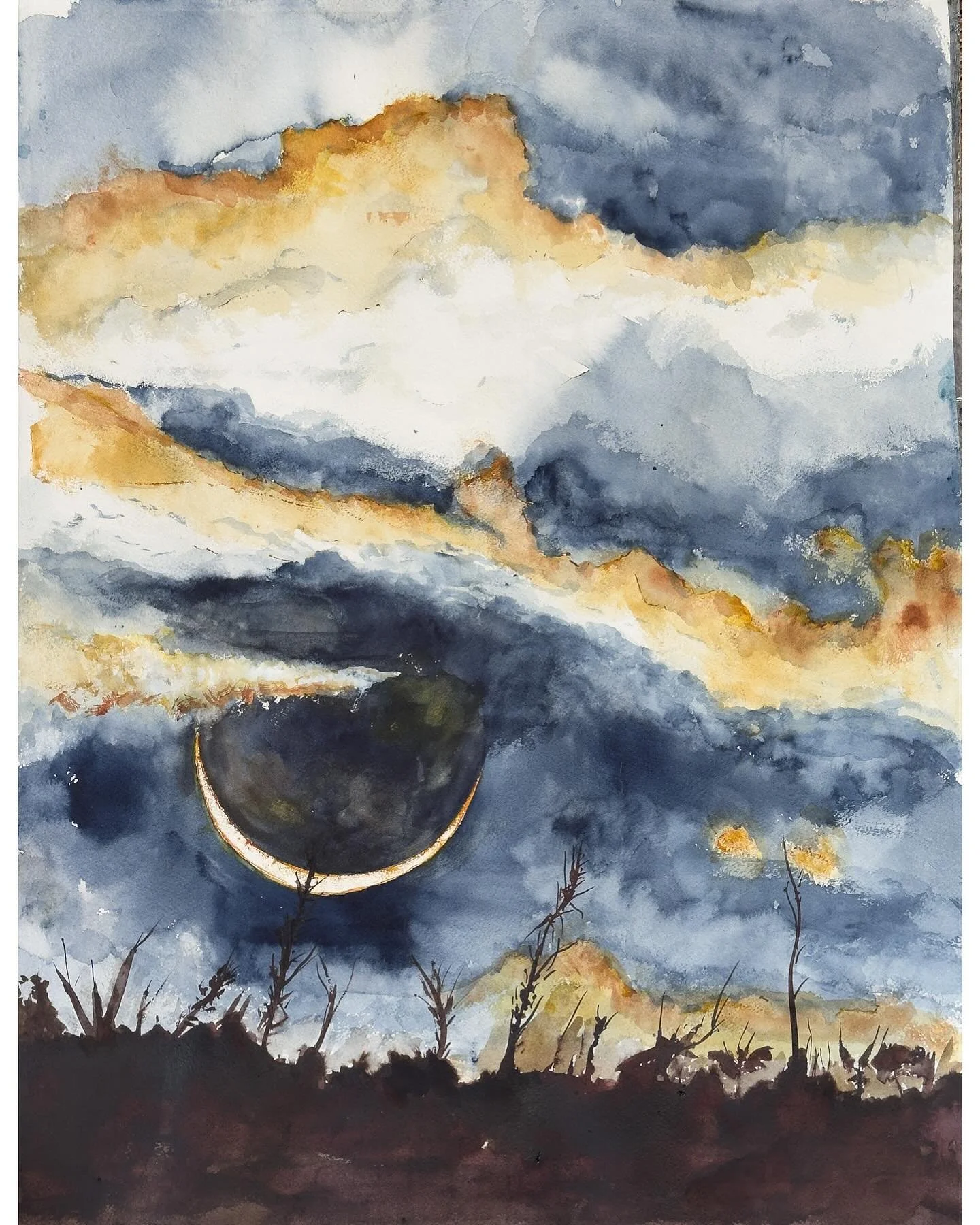 The first in my eclipse series, inspired by photos I took from our garden. 
#PortugalArtist #PortugueseArt #PortugalArt #PortugalArtists #SilverCoastPortugal #SilverCoast #CostaDePrata #Bombarral #Leiria #ObidosPortugal
#WatercolourPainting #Landscap