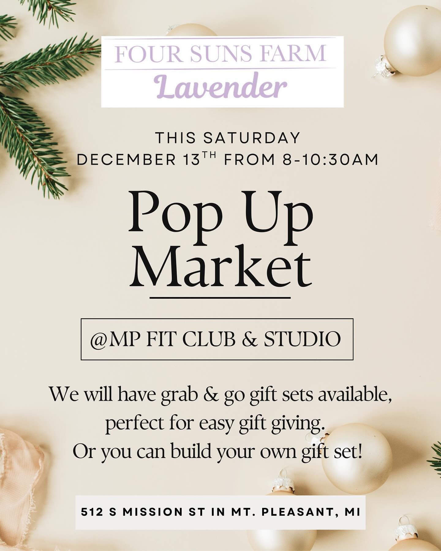 ✨ Pop-Up Market this Saturday! ✨
Join us from 8&ndash;10:30 AM at MP Fit Club &amp; Studio in Mt. Pleasant, MI.

Swing by before or after your workout&mdash;or just stop in while you&rsquo;re out and about! You do not need to be a member to come shop