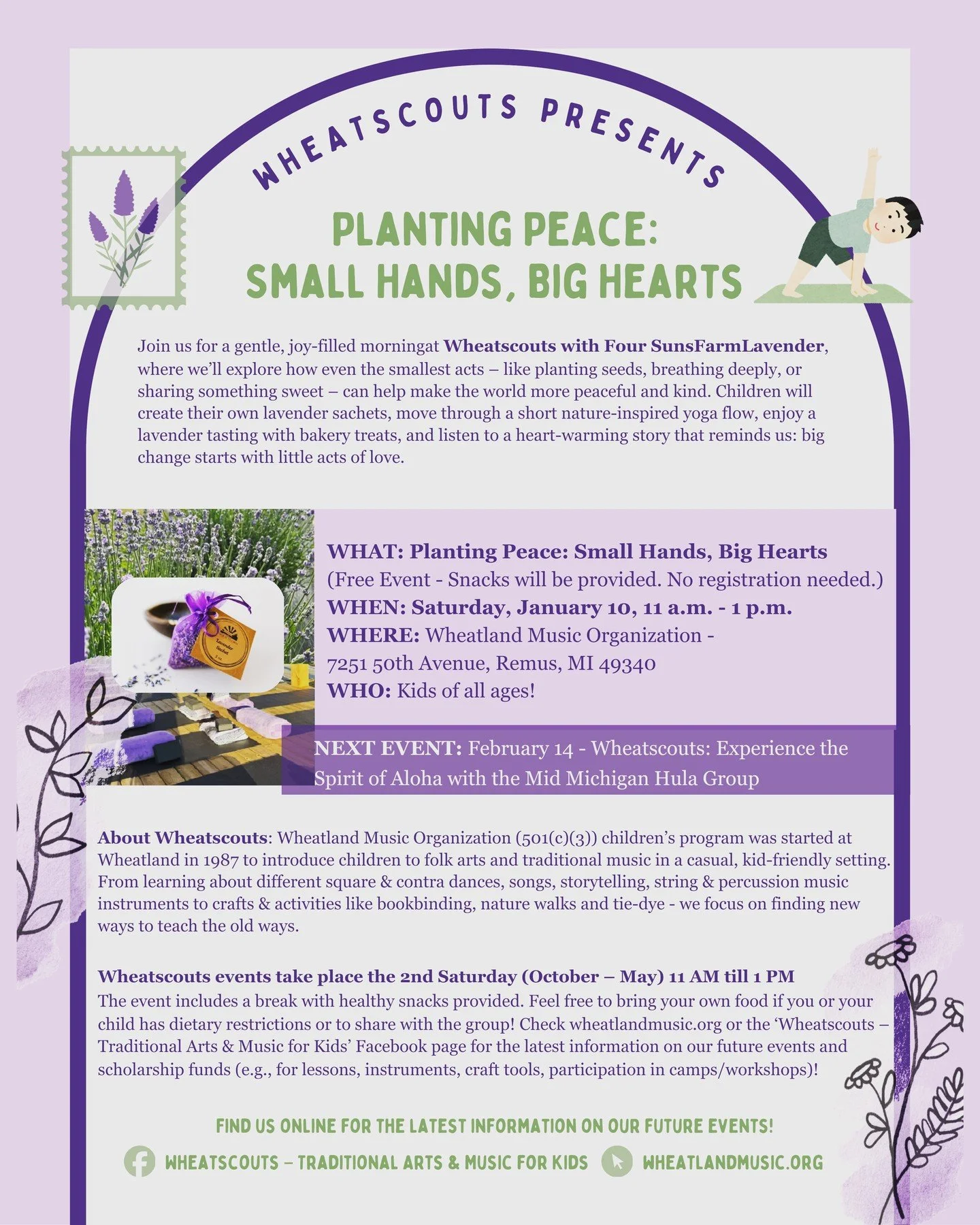 🌱 Planting Peace: Small Hands, Big Hearts 💜
Join us for a gentle, joy-filled morning at Wheatscouts with Four Suns Farm Lavender, where we&rsquo;ll explore how even the smallest acts &mdash; planting seeds, breathing deeply, or sharing something sw