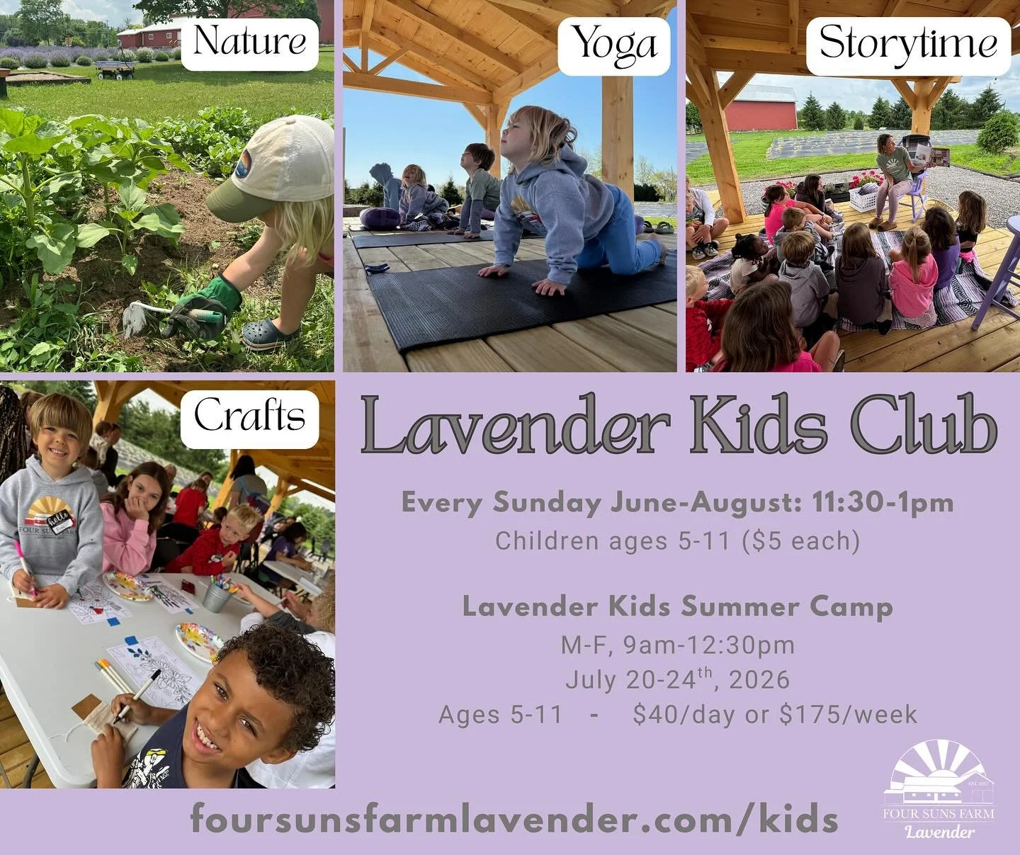 ✨ We&rsquo;ll meet you where the wild things grow&hellip;

Introducing Lavender Kids Club at Four Suns Farm.
A gentle, joy-filled gathering where kids explore, create, and connect with nature.
Sundays | June&ndash;August
11:30&ndash;1:00
Ages 5&ndash