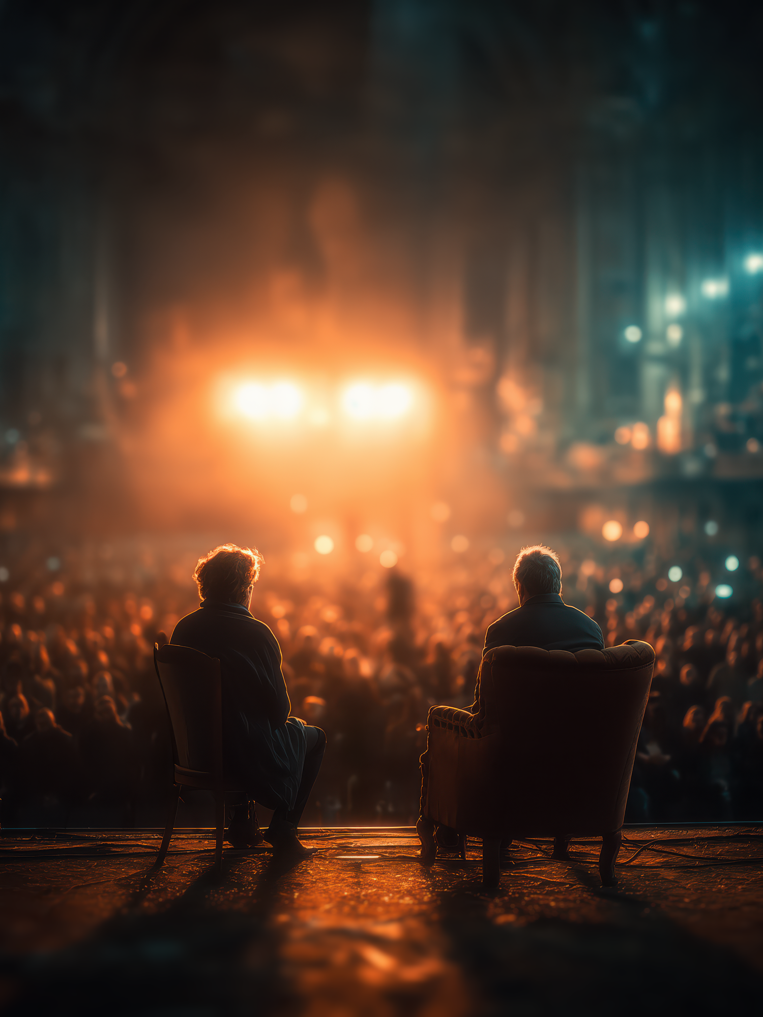 Two individuals sitting on chairs on a stage, watching an audience with a fiery or bright light in the background.