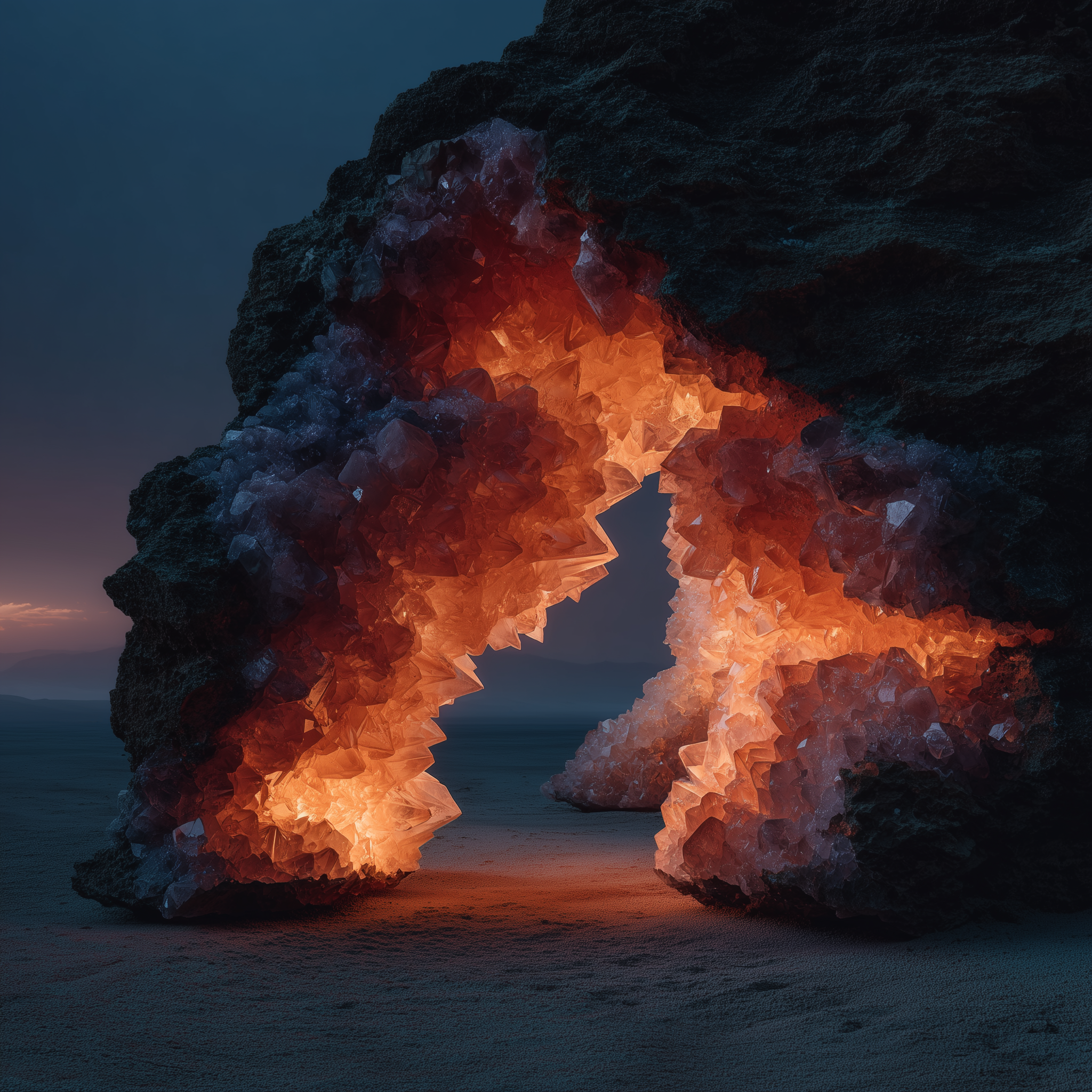 A large rock formation with a glowing, fiery interior made of crystalline structures, resembling a natural arch on the beach at dusk.