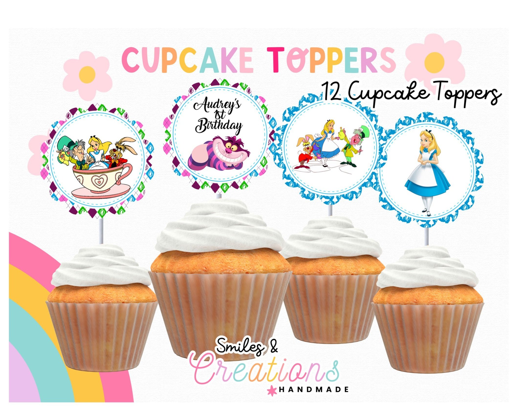 "Alice in Wonderland-themed cupcake toppers for a party. The image shows four different designs, with three of each included in the set. Designs include Alice, the Mad Hatter, and the Cheshire Cat.