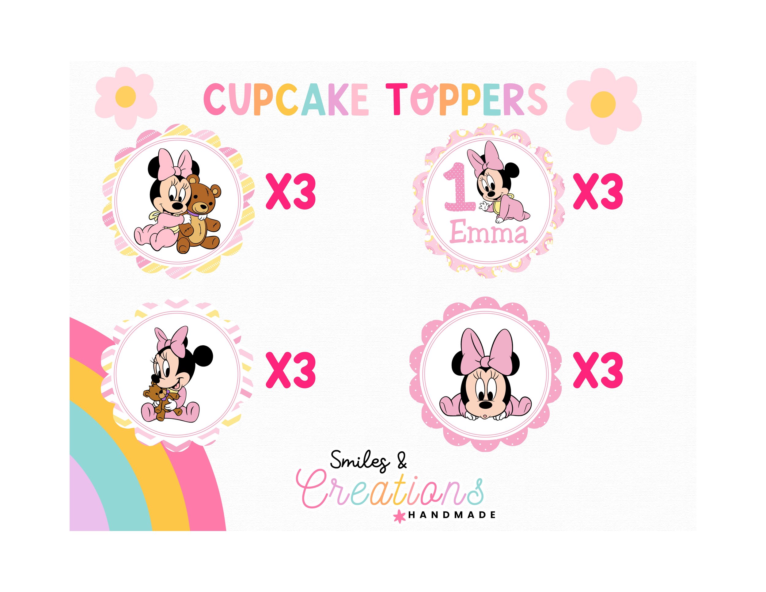 alt="Four different Minnie Mouse cupcake topper designs are displayed. The designs feature Minnie in various poses, including one with a teddy bear and a customizable option."