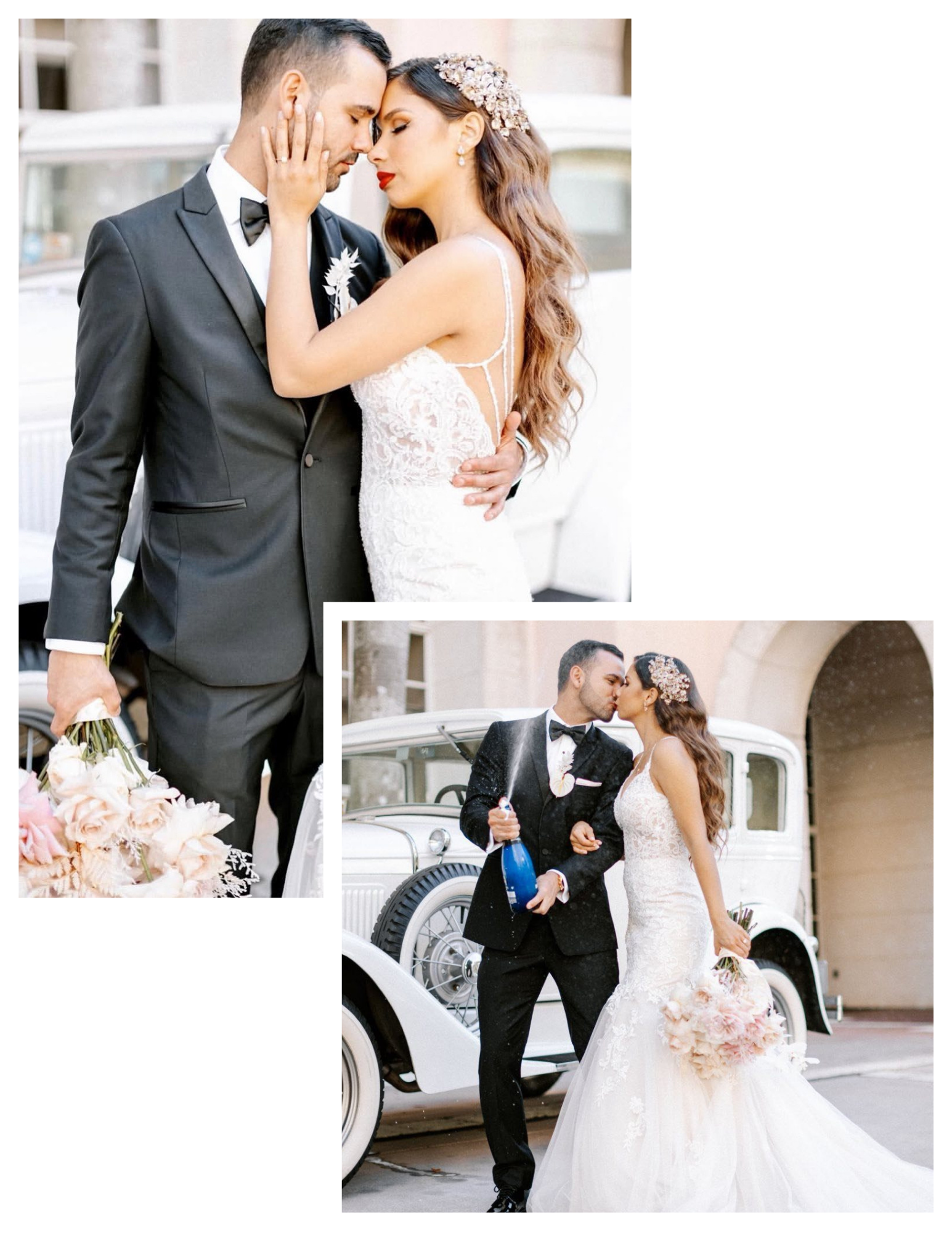 Bride and groom sharing a tender moment, dressed in wedding attire, standing outdoors near a classic white car. The groom wears a black tuxedo with a bow tie, holding a bouquet of flowers. The bride wears a white lace wedding gown with floral accessories in her hair, holding a bouquet of pink and cream flowers.