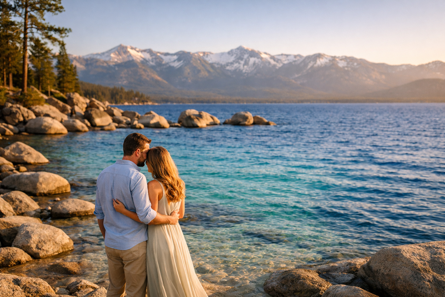 Luxury Lake Tahoe elopement photography with couple embracing at water's edge, azure blue water and Sierra Nevada mountain peaks in background by Exceed Photography