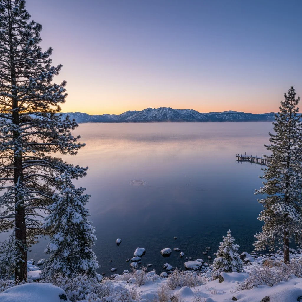 Snow-covered trees along the lakeshore with calm water and mountain range in the background during sunset.