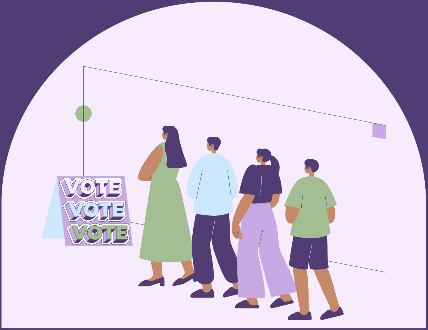 Four diverse people standing in line to vote, with a sign that reads "VOTE" three times, at a voting station with purple and green accents.