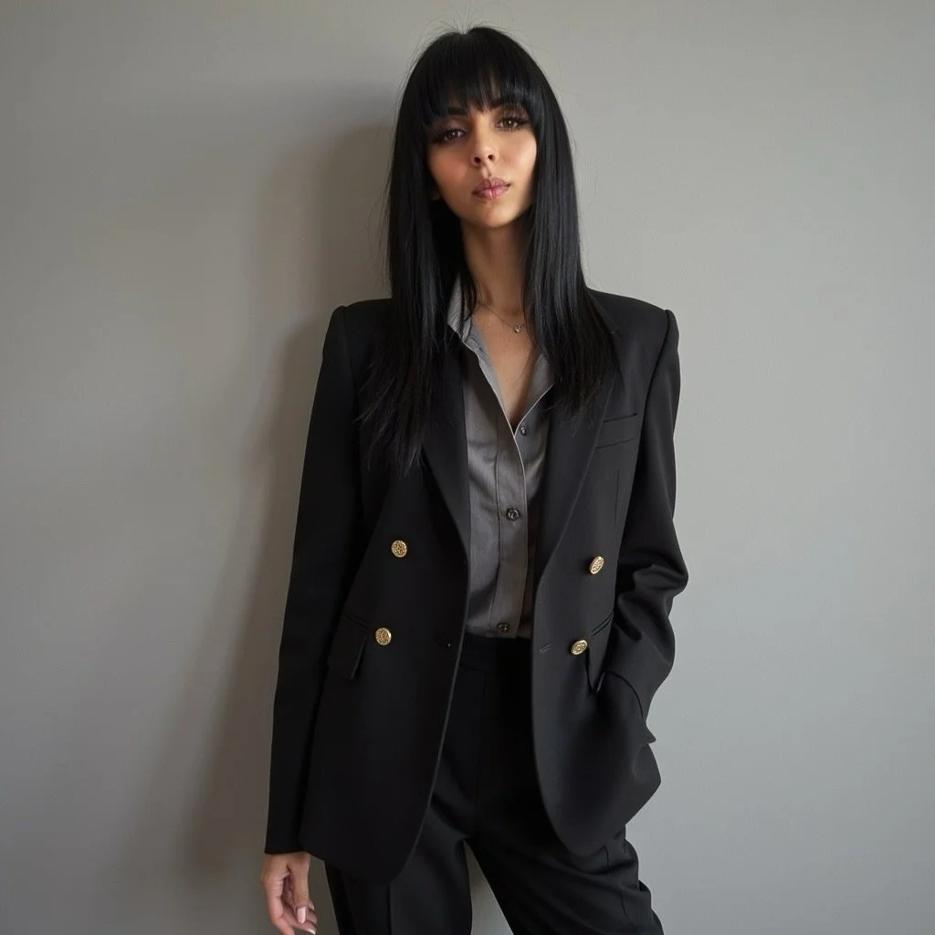 A woman with long black hair and bangs wearing a black blazer with gold buttons and a gray shirt standing against a plain light gray wall.