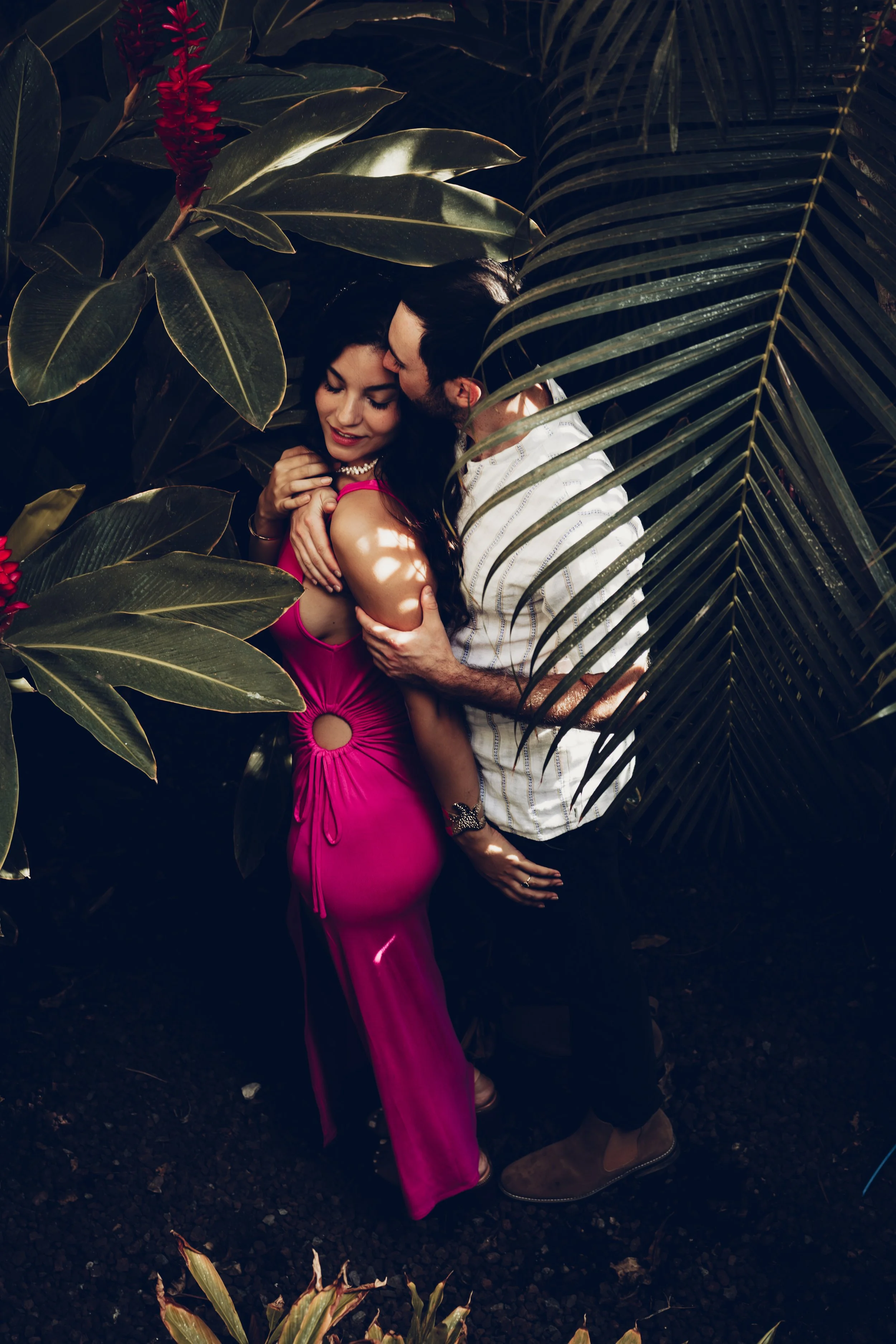 A romantic couple embracing among lush green tropical plants, with the man kissing the woman's temple. The woman is wearing a pink dress, and the man is dressed in a white shirt and dark pants.