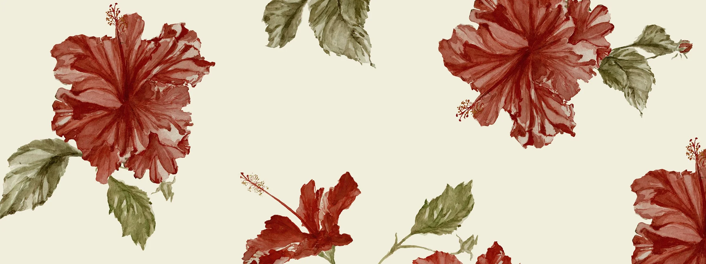Estampa floral autoral de Camila Ferrari com hibiscos vermelhos pintados manualmente em aquarela