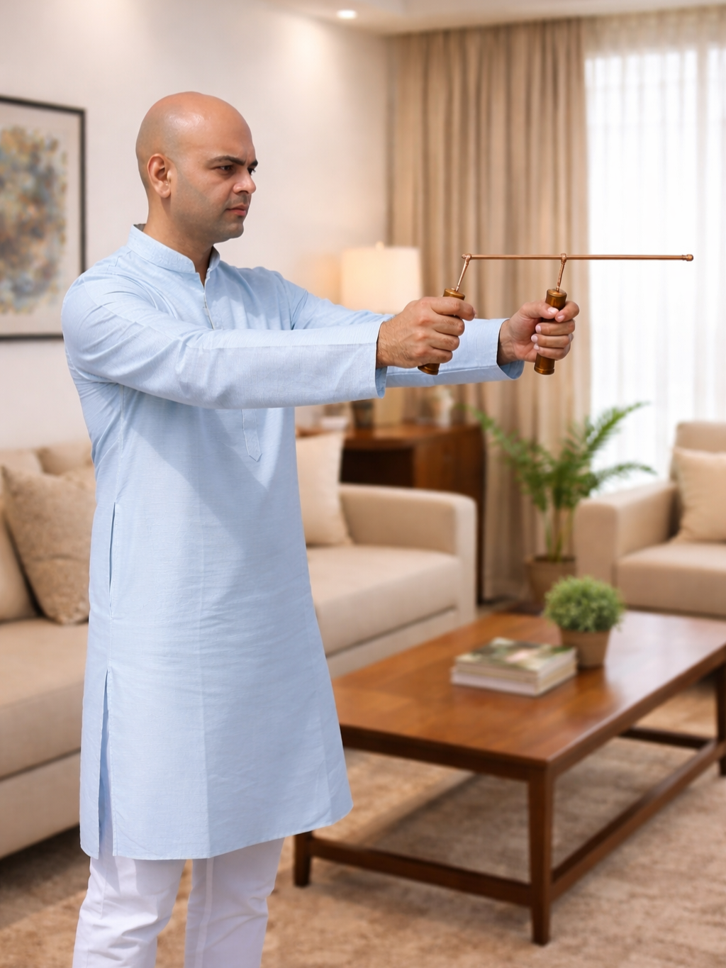 Vastu L-rod images showcase professional dowsing tools used in GeVastu audits for detecting energy imbalances, underground water, and directional alignments. L-Rods detect subtle energy flows and geopathic stress during Vastu audits.