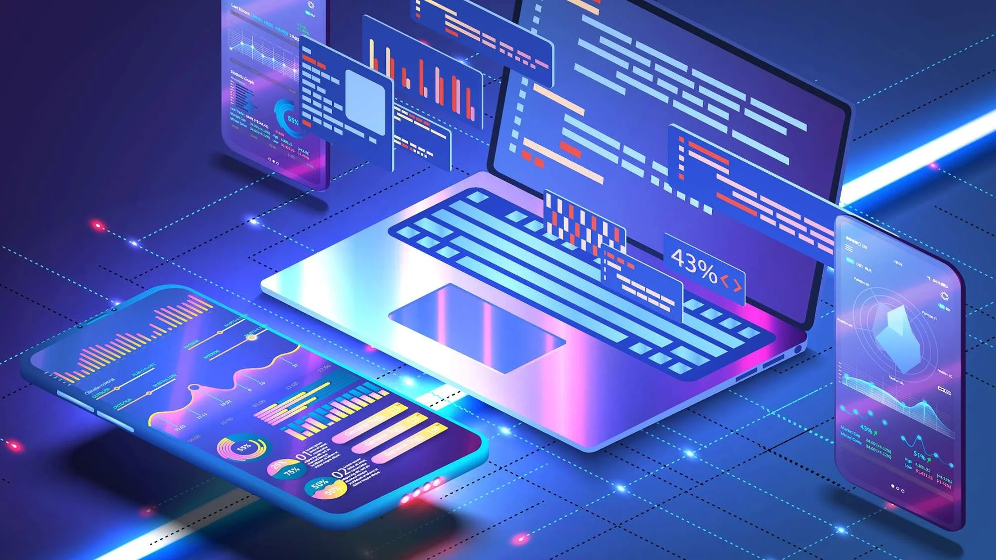 Digital illustration of a laptop, smartphone, and multiple floating data charts and graphs with a futuristic technology theme and blue and purple neon lighting.