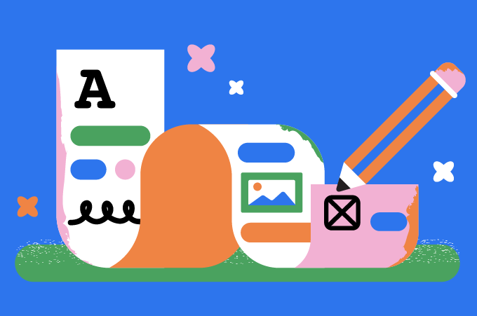 Colorful illustration of stationery and digital design elements including a sheet of paper, a pencil, a pink sticky note, an image icon, and abstract shapes, on a blue background.