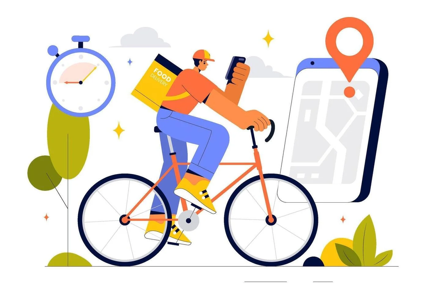Illustration of a person riding a bicycle while looking at a smartphone with a large GPS map and pin, and carrying a food delivery bag on their back, with a stopwatch and trees in the background.