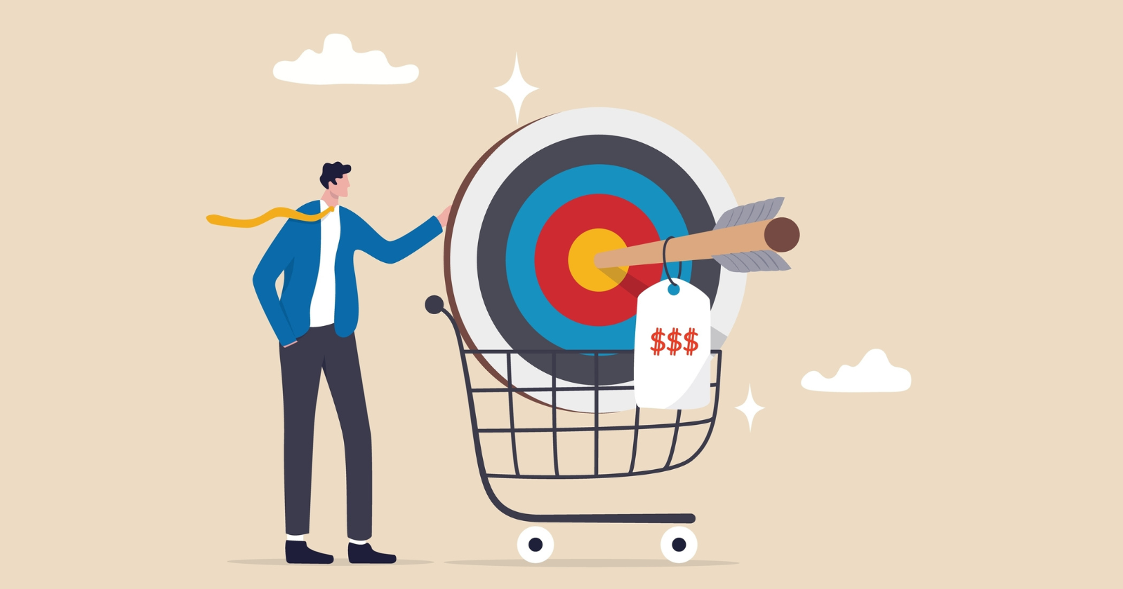 A person in business attire standing beside a shopping cart with a target and an arrow in the bullseye, and a price tag with dollar signs, symbolizing goal achievement or financial success.