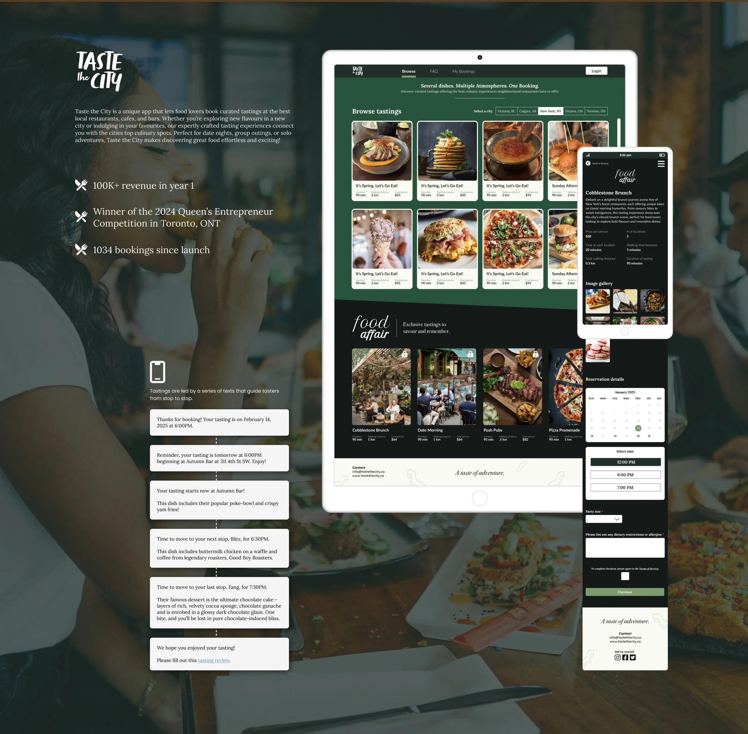 A promotional infographic for Taste the City app featuring food tasting schedules, app interfaces for browsing dishes and booking tastings, and an image gallery of various food establishments and dishes.
