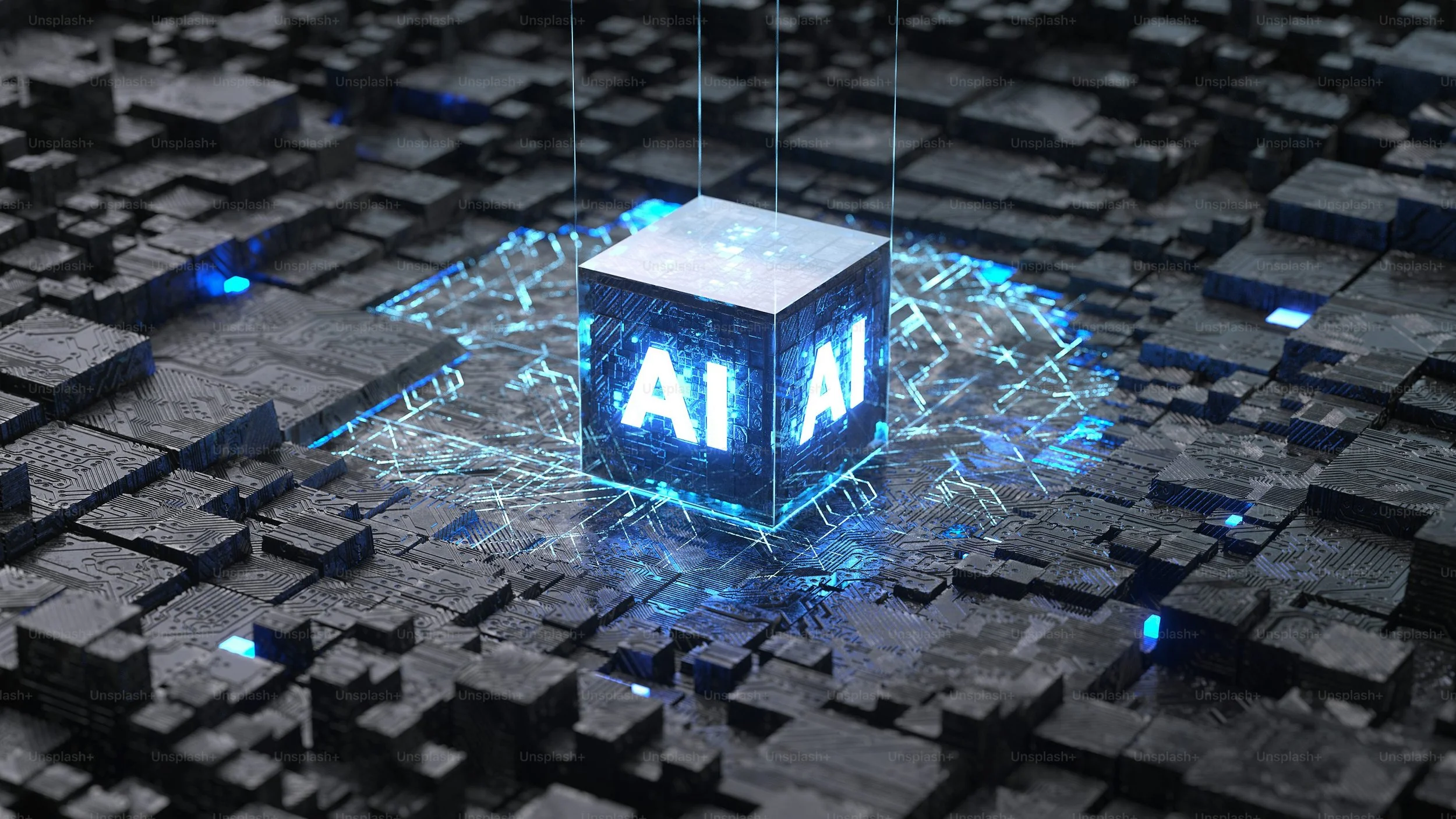 A digital rendering of a glowing blue cube labeled 'AI' surrounded by a circuit-like surface with blue lights and lines connecting to the cube.