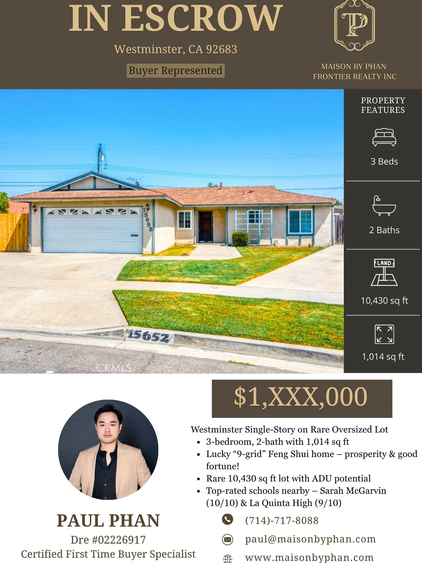 ✨ IN ESCROW &ndash; Buyer Represented
📍 Westminster, CA 92683
A charming single-story home with 3 bedrooms, 2 baths, and 1,014 sqft of living space on a rare oversized 10,430 sqft lot &ndash; offering comfort, convenience, and incredible investment 