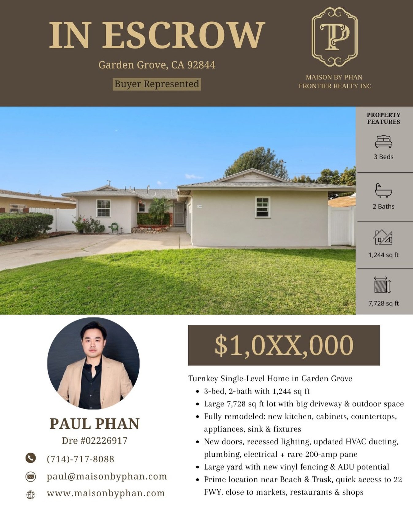 IN ESCROW &ndash; BUYER REPRESENTED
📍 Garden Grove, CA 92844
From our very first showings, I could feel the determination from this family: find a home that&rsquo;s not only a place to live, but also a smart way to create income and build long-term 