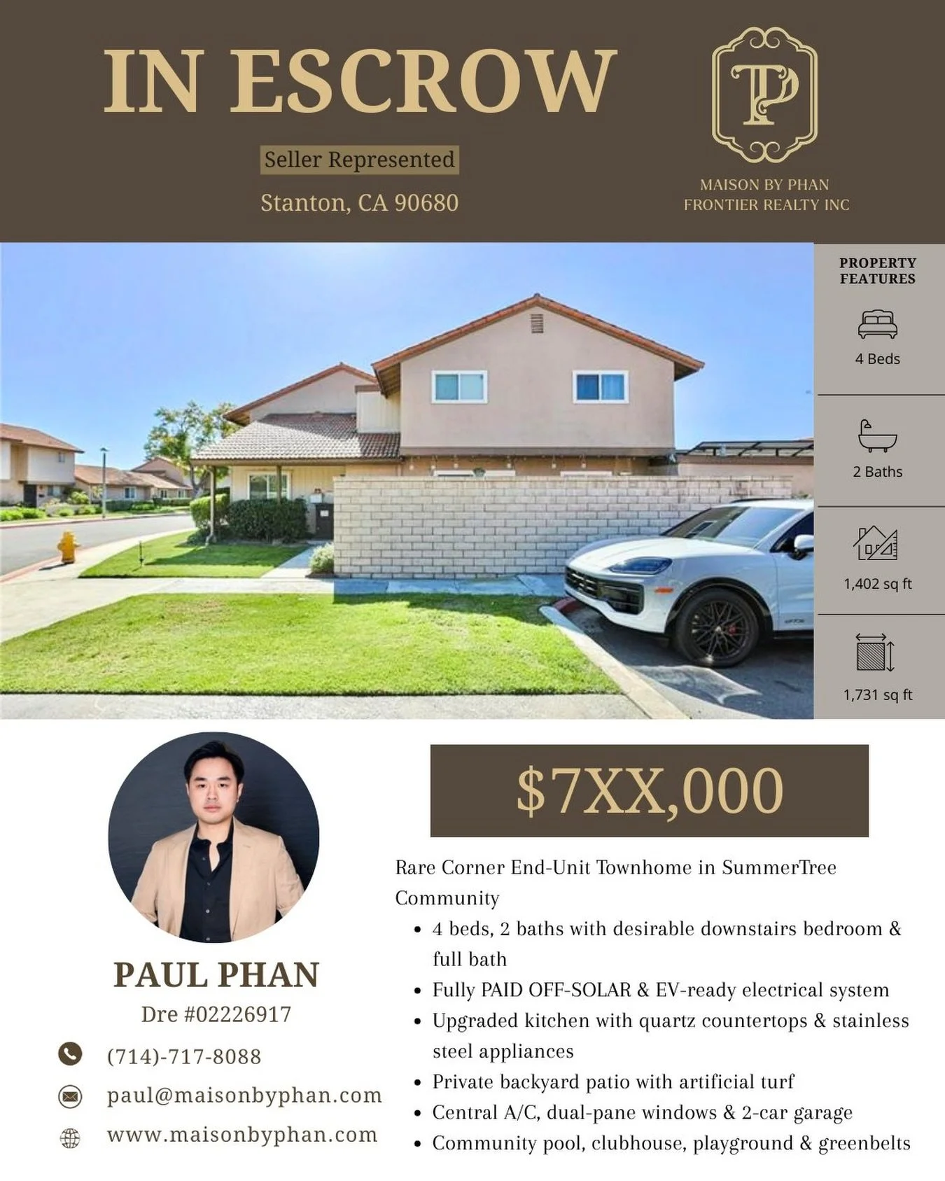 ✨🔥 IN ESCROW - SELLER REPRESENTED 🔥✨
📍 Stanton, CA 90680
Căn corner end-unit townhouse hiếm c&oacute; trong cộng đồng SummerTree đ&atilde; ch&iacute;nh thức v&agrave;o escrow 🎉
Ngay khi l&ecirc;n thị trường, căn nh&agrave; đ&atilde; nhanh ch&oacu