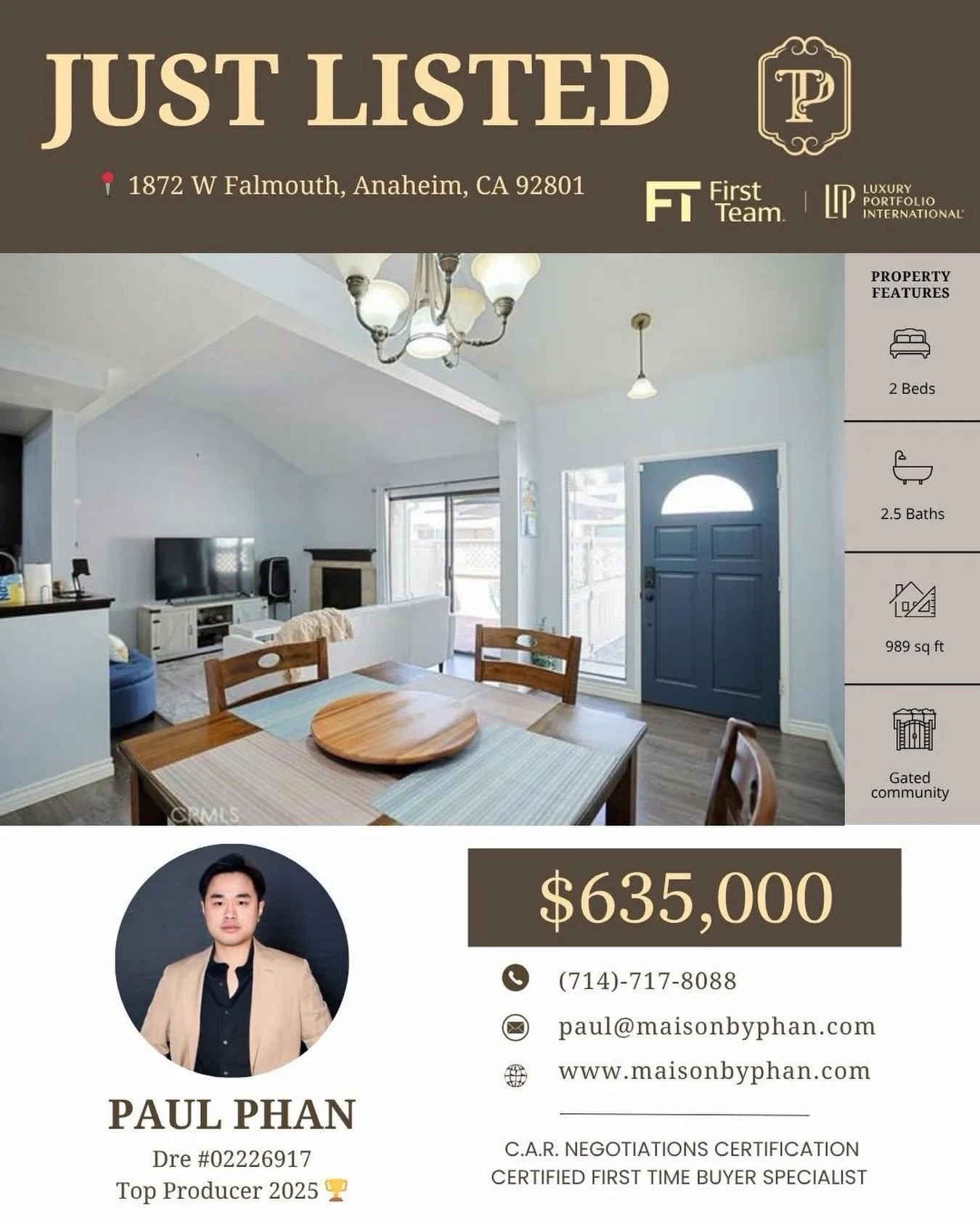 ✨🎉 𝑱𝑼𝑺𝑻 𝑳𝑰𝑺𝑻𝑬𝑫 | 𝑨𝒏𝒂𝒉𝒆𝒊𝒎 🎉✨
📍 Address: 1872 W Falmouth Ave, Anaheim, CA 92801
💰 Offered at $635,000
Welcome to this 𝗯𝗲𝗮𝘂𝘁𝗶𝗳𝘂𝗹𝗹𝘆 𝗺𝗮𝗶𝗻𝘁𝗮𝗶𝗻𝗲𝗱 𝗰𝗼𝗻𝗱𝗼 in the highly desirable 𝗴𝗮𝘁𝗲𝗱 𝗰𝗼𝗺𝗺𝘂𝗻𝗶𝘁𝘆 𝗼𝗳