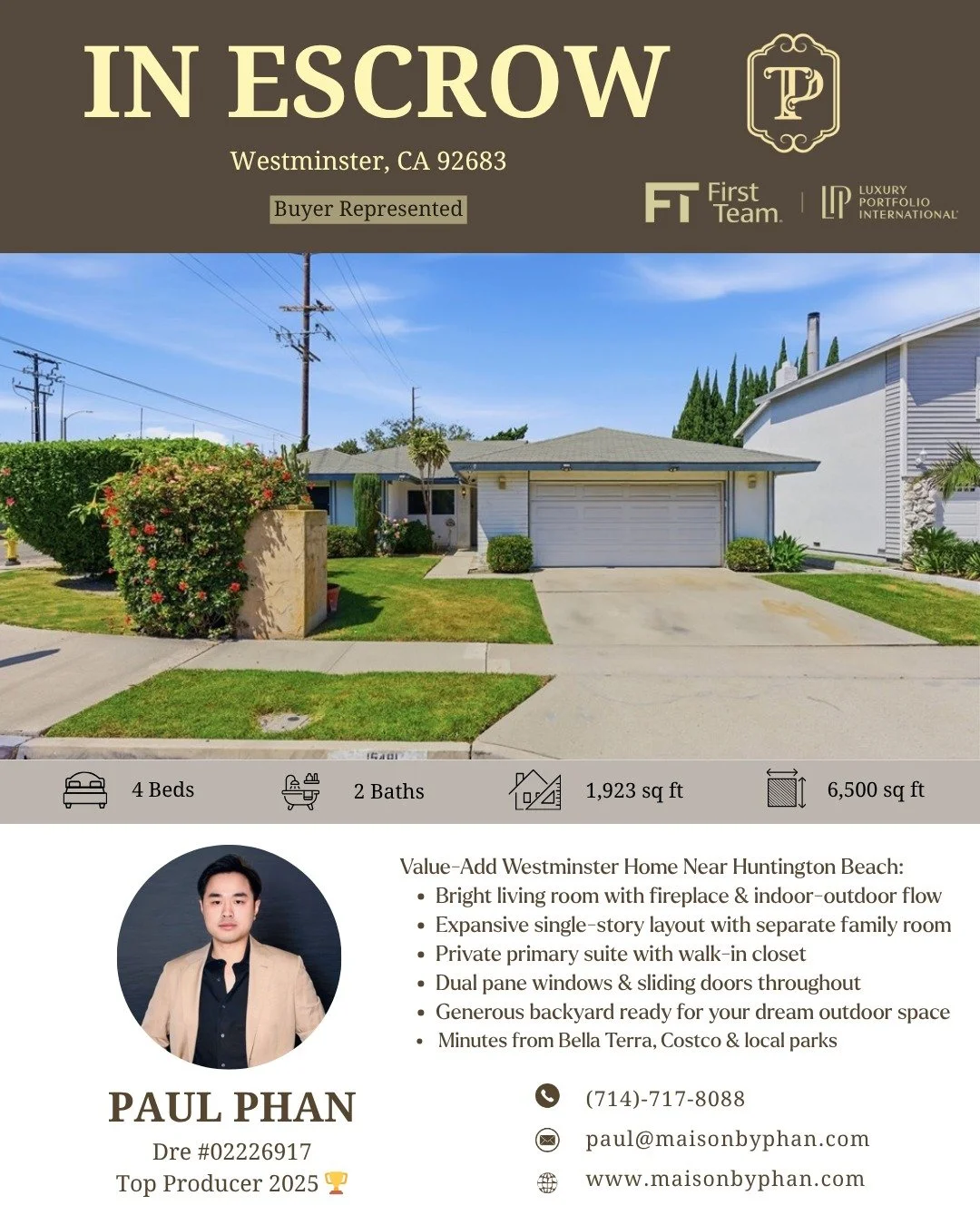 🏡 IN ESCROW &ndash; BUYER REPRESENTED
📍 Westminster, CA 92683

Congratulations to my buyer clients for officially opening escrow on this Westminster home.

This single-family home offers 4 bedrooms, 2 bathrooms, approximately 1,923 sq ft of living 