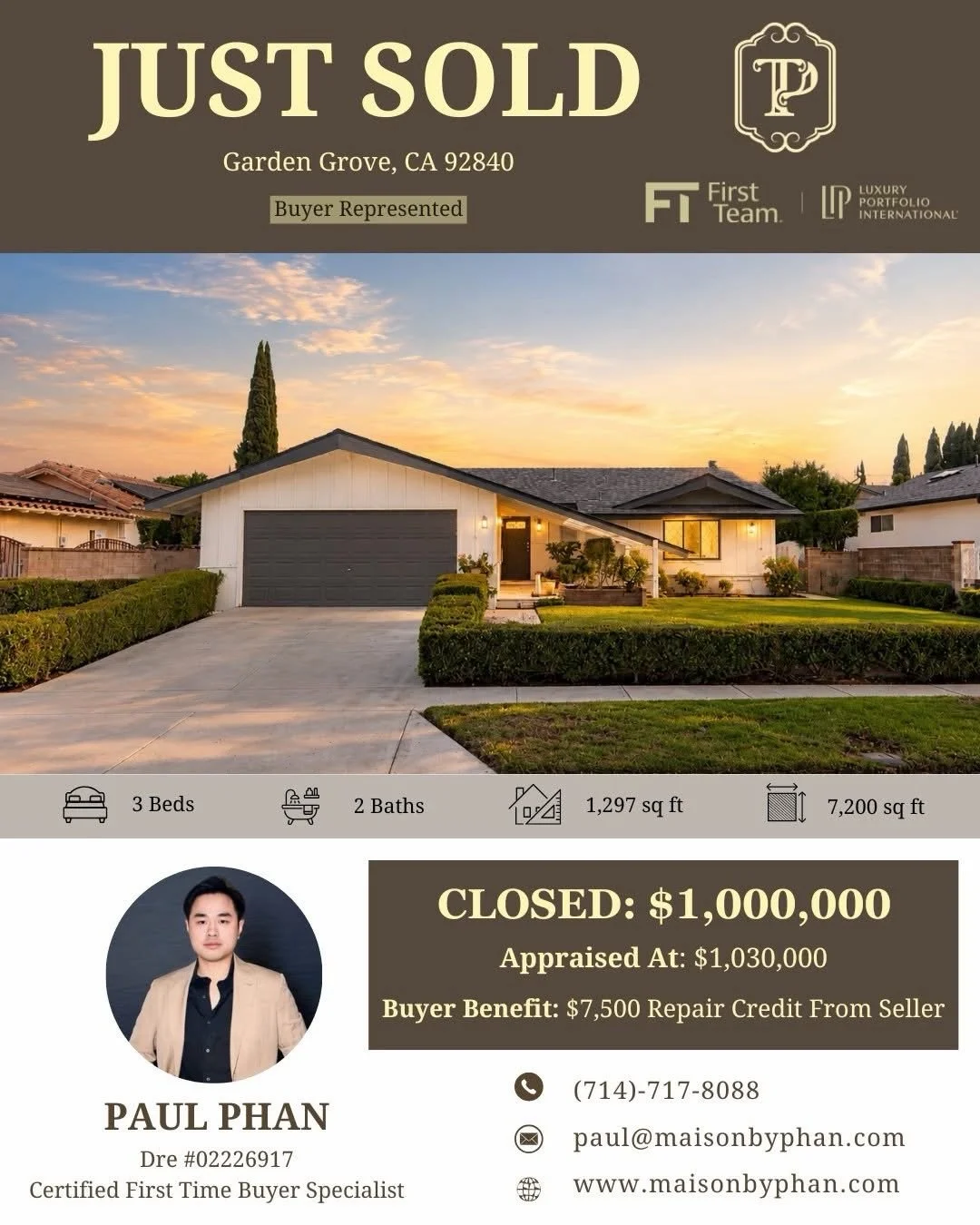 ✨🎉 JUST SOLD &ndash; Buyer Represented 🎉✨
📍 Garden Grove, CA 92840
🏡 3 Beds | 2 Baths | 1,297 Sq Ft | 7,200 Sq Ft Lot
💰 Closed: $1,000,000
📈 Appraised at: $1,030,000
💰 Buyer Benefit: $7,500 Repair Credit From Seller

Congratulations to my wond