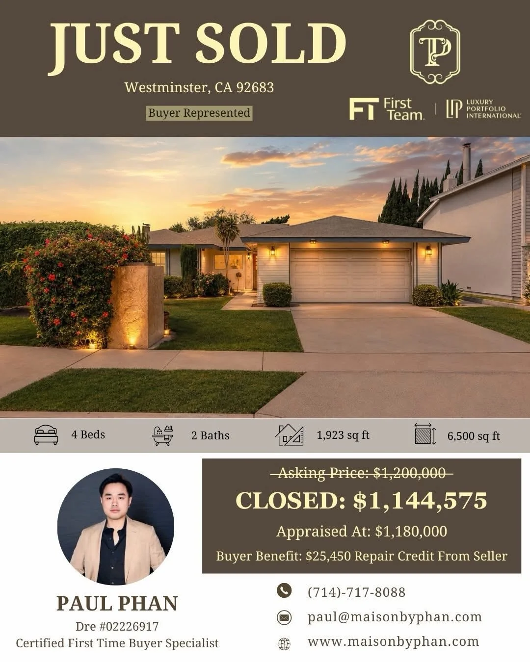 ✨🎉 JUST SOLD &ndash; BUYER REPRESENTED 🎉✨
📍 Westminster, CA 92683

🏡 4 Beds | 2 Baths | 1,923 Sq Ft | 6,500 Sq Ft Lot
💰 Closed: $1,145,000
📌 Original Asking Price: $1,200,000
📈 Appraised At: $1,180,000
💵 Buyer Benefit: $25,250 Repair Credit F