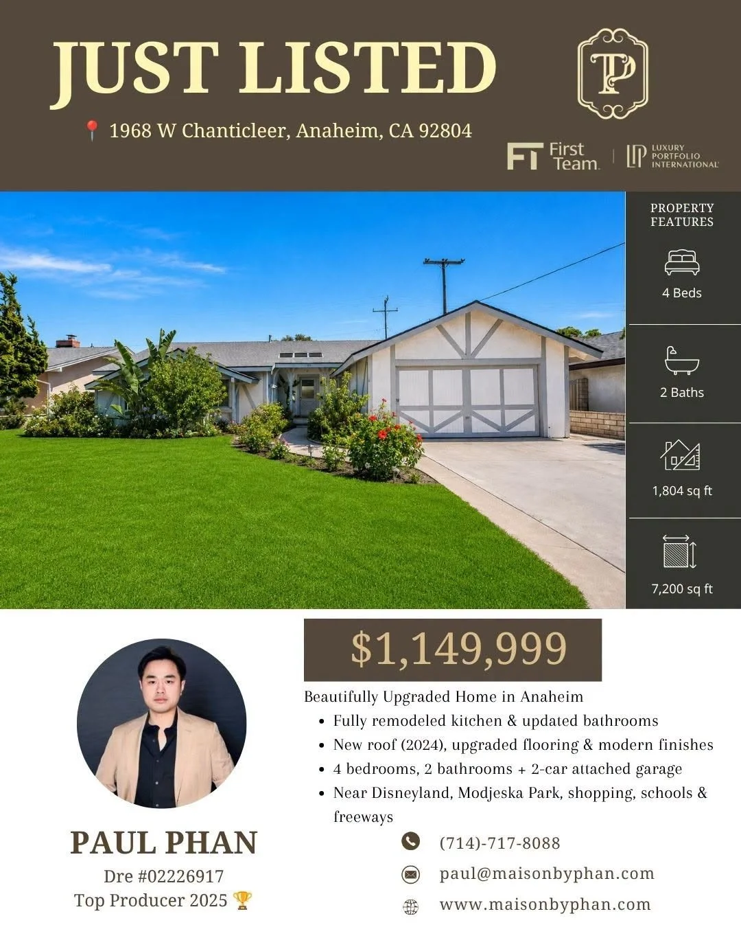 🔥🏡 JUST LISTED &mdash; Offered at $1,149,999 for a beautiful turnkey 4-bedroom home in West Anaheim. Fully upgraded, featuring a new roof in 2024, a spacious 7,200 sqft lot, and the highly desirable house number 1968, often seen as a symbol of last