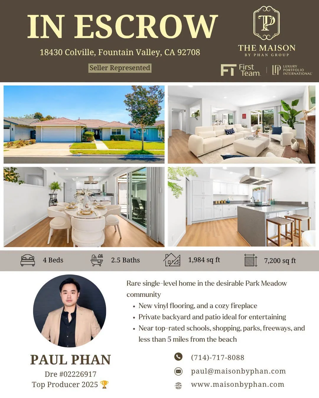 ✨🎉 𝑰𝑵 𝑬𝑺𝑪𝑹𝑶𝑾 &ndash; 𝑺𝒆𝒍𝒍𝒆𝒓 𝑹𝒆𝒑𝒓𝒆𝒔𝒆𝒏𝒕𝒆𝒅 ✨🎉
📍 18430 Colville Street, Fountain Valley
One week on the market. One open house weekend. Now officially in escrow.🤝🔑
 - Took the listing on 07.15
 - Staging on 07.16 
 - Profess