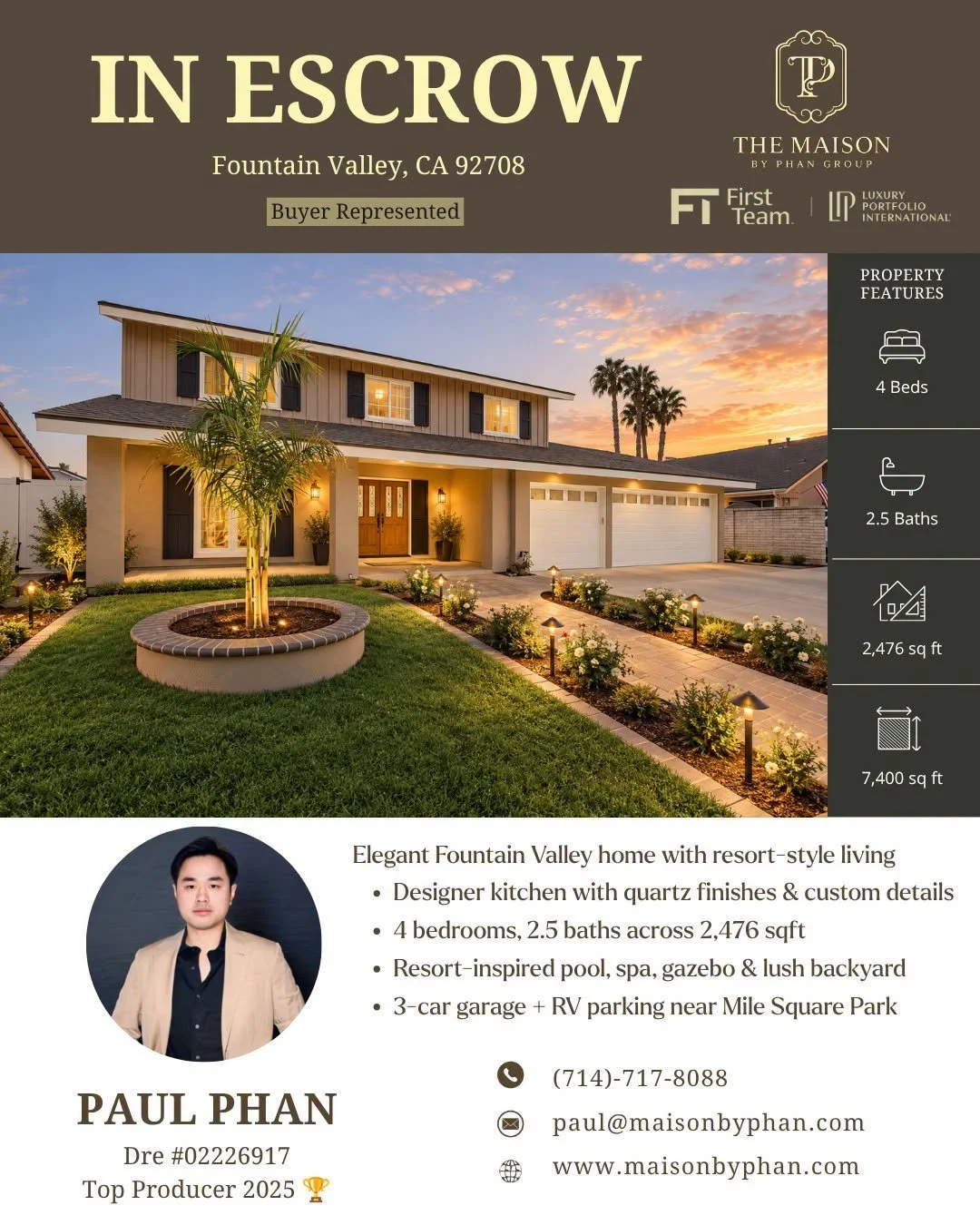 ✨🎉 𝑰𝑵 𝑬𝑺𝑪𝑹𝑶𝑾 &ndash; 𝑩𝑼𝒀𝑬𝑹 𝑹𝑬𝑷𝑹𝑬𝑺𝑬𝑵𝑻𝑬𝑫 🎉✨

📍 Fountain Valley, CA 92708

Congratulations to Paul&rsquo;s wonderful clients on officially entering escrow on this beautiful Fountain Valley home! 🏡✨

After touring several prop
