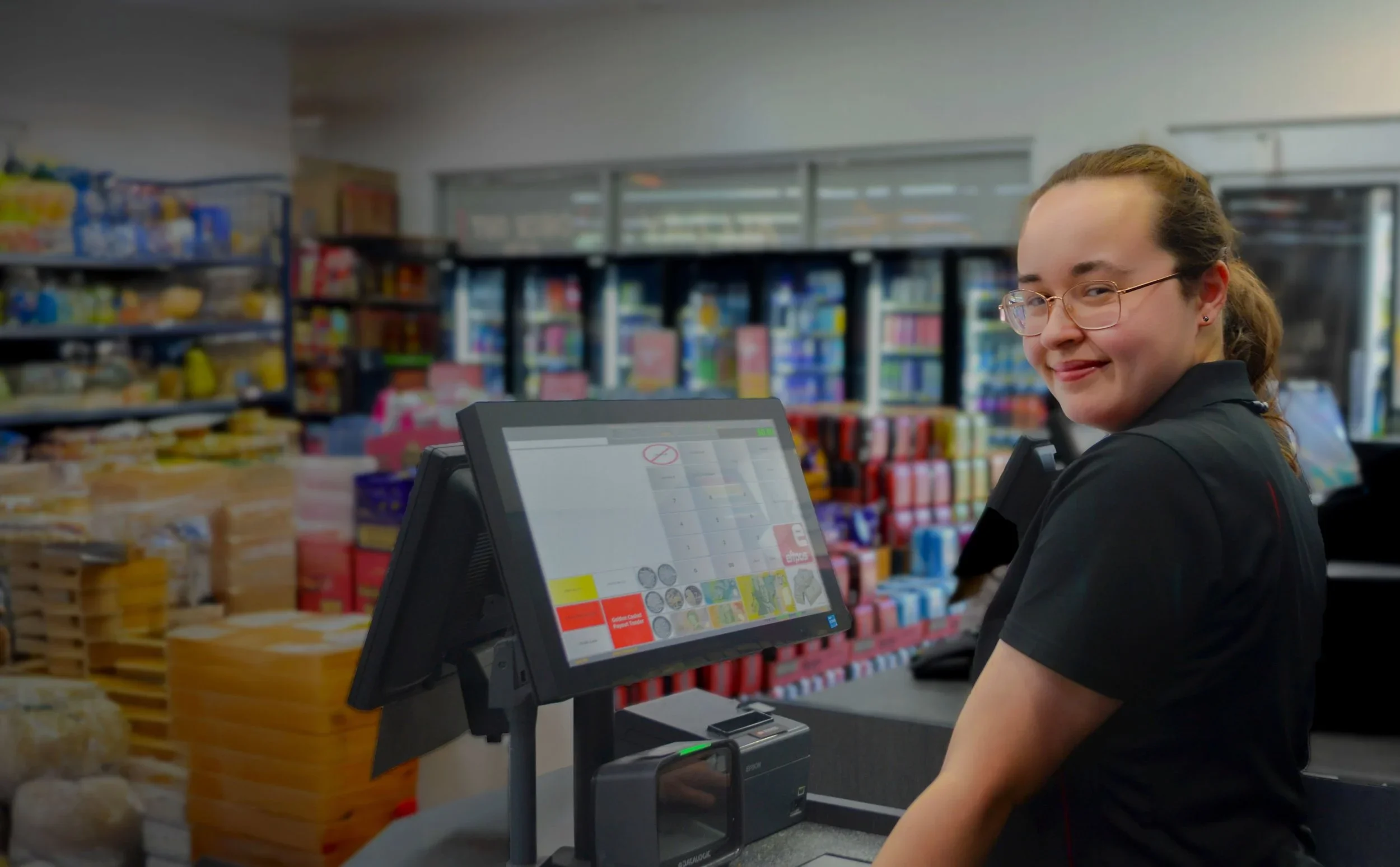 Smiling store clerk at checkout register in grocery store.